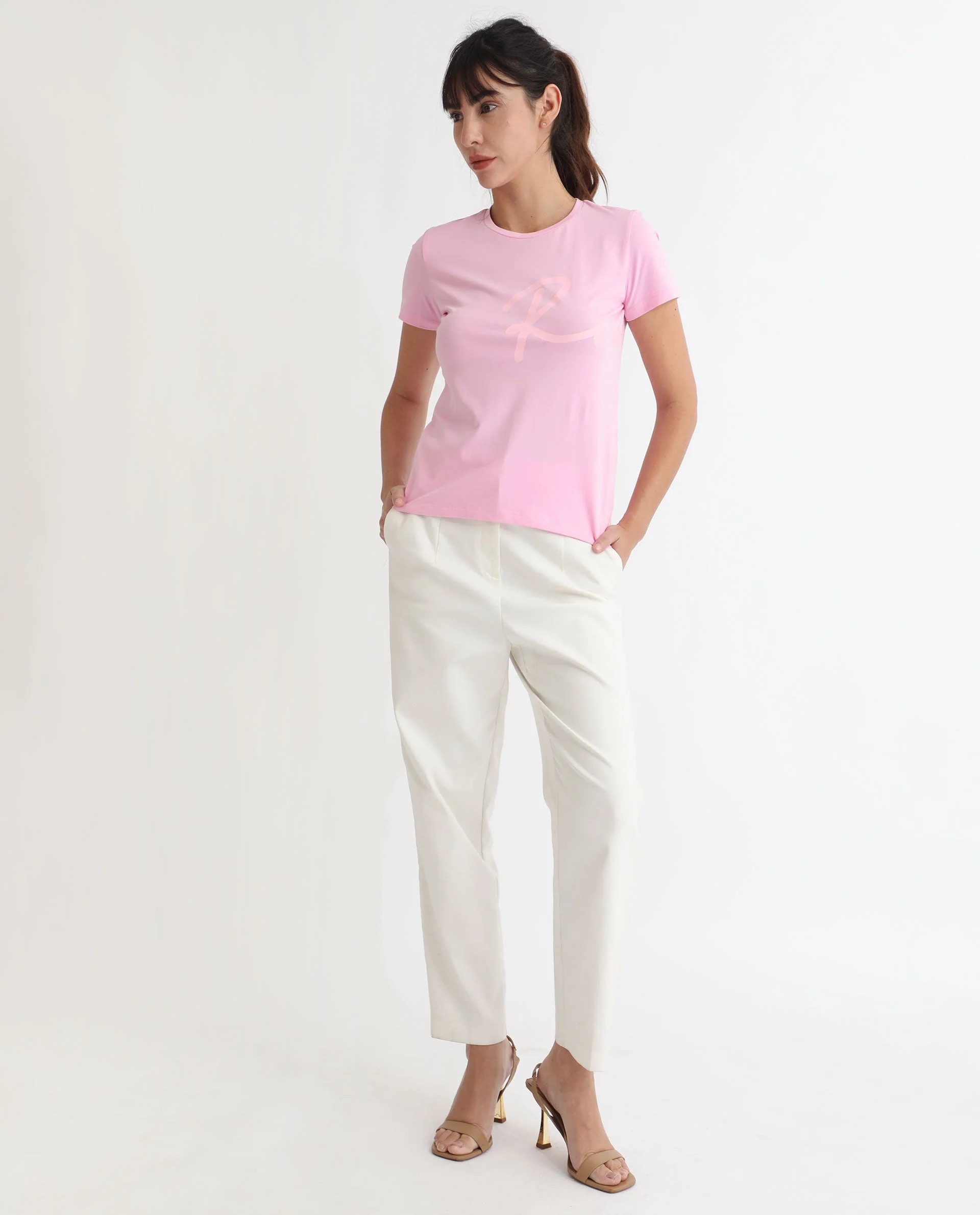 Rareism Women's Vivian Pink Cotton Crew Neck Graphic Print Regular Fit T-Shirt - Image 6
