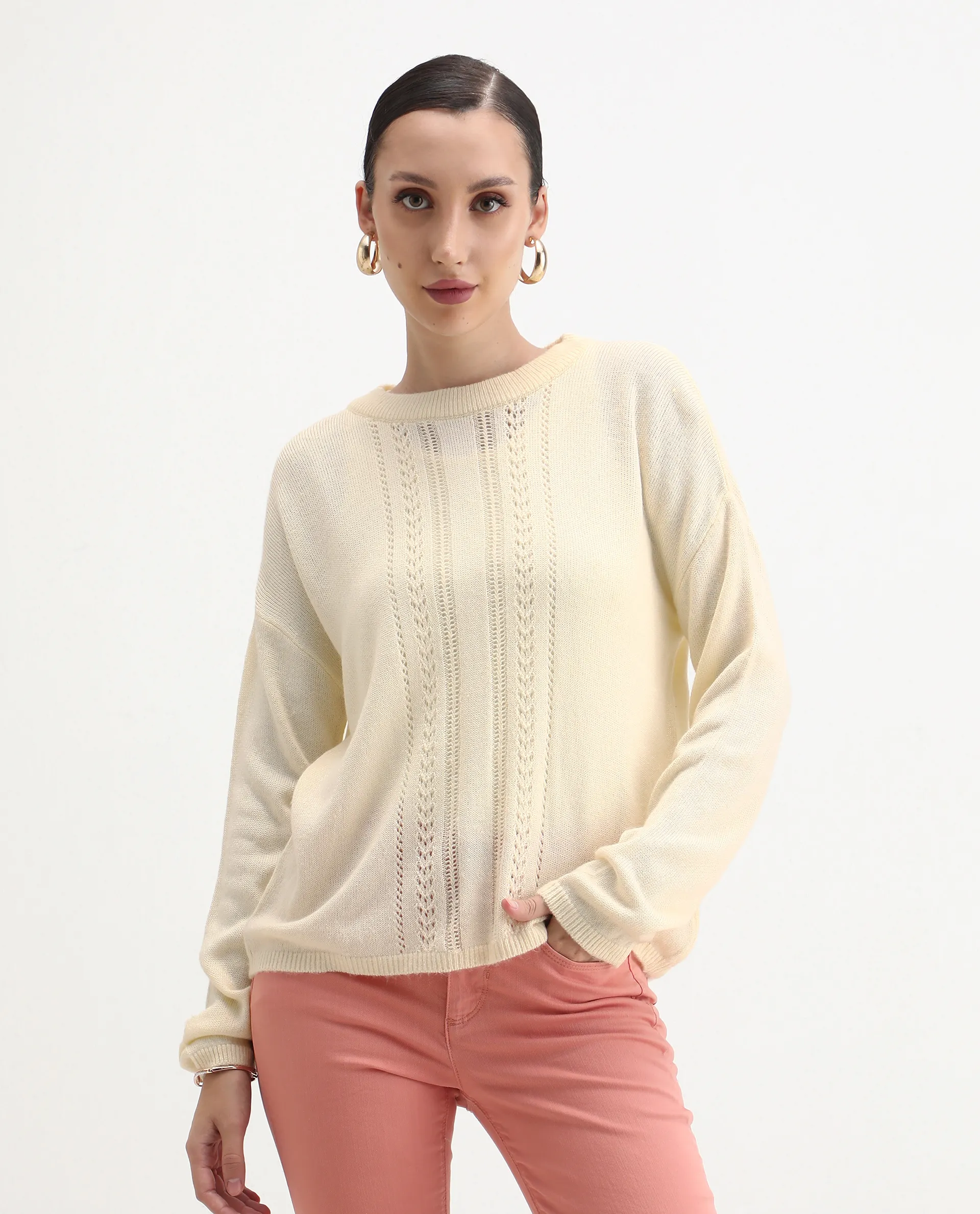 Rareism Women's Viza Off White Acrylic Blend Fabric Crew Neck Relaxed Fit Plain Sweater - Image 3