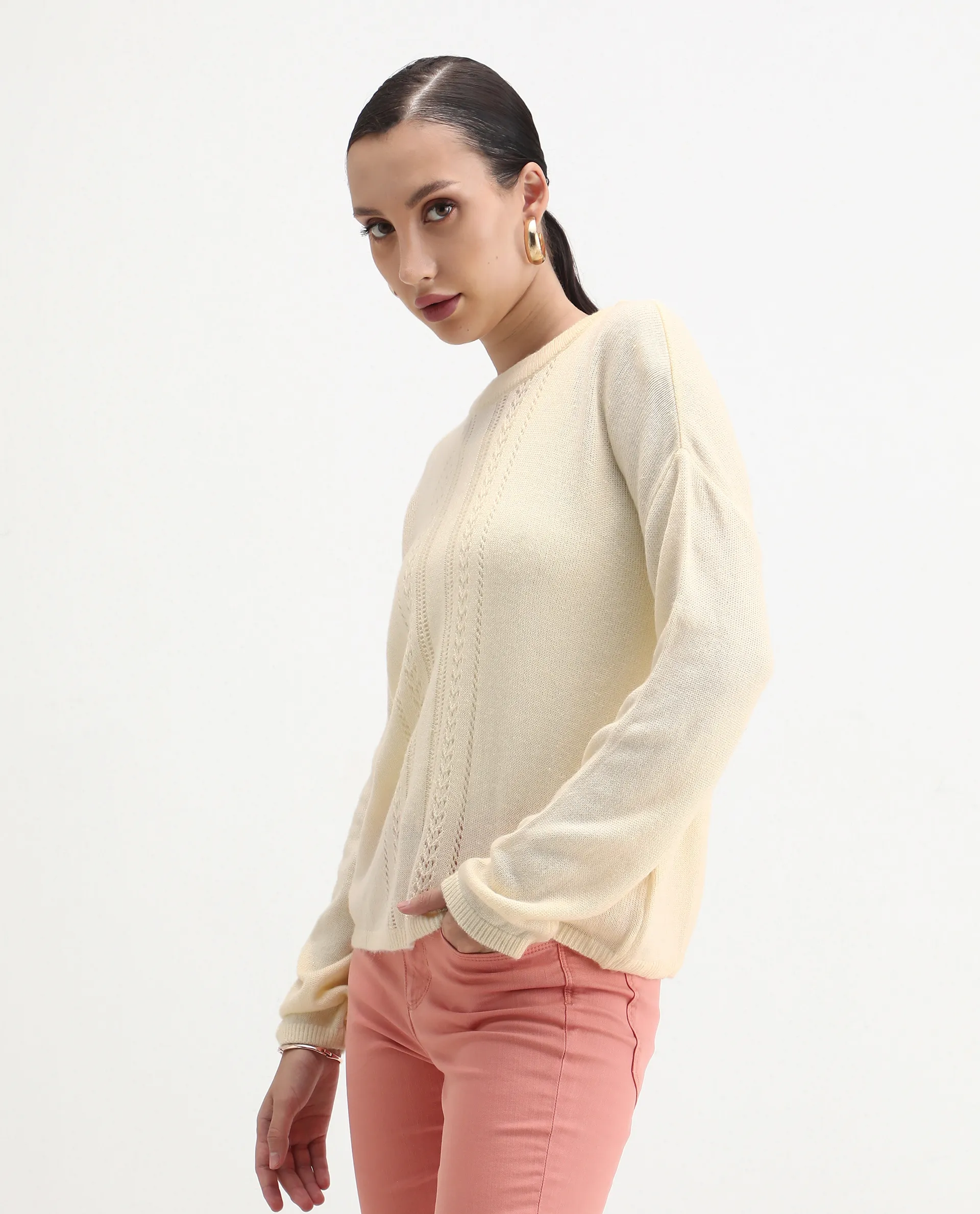 Rareism Women's Viza Off White Acrylic Blend Fabric Crew Neck Relaxed Fit Plain Sweater - Image 4