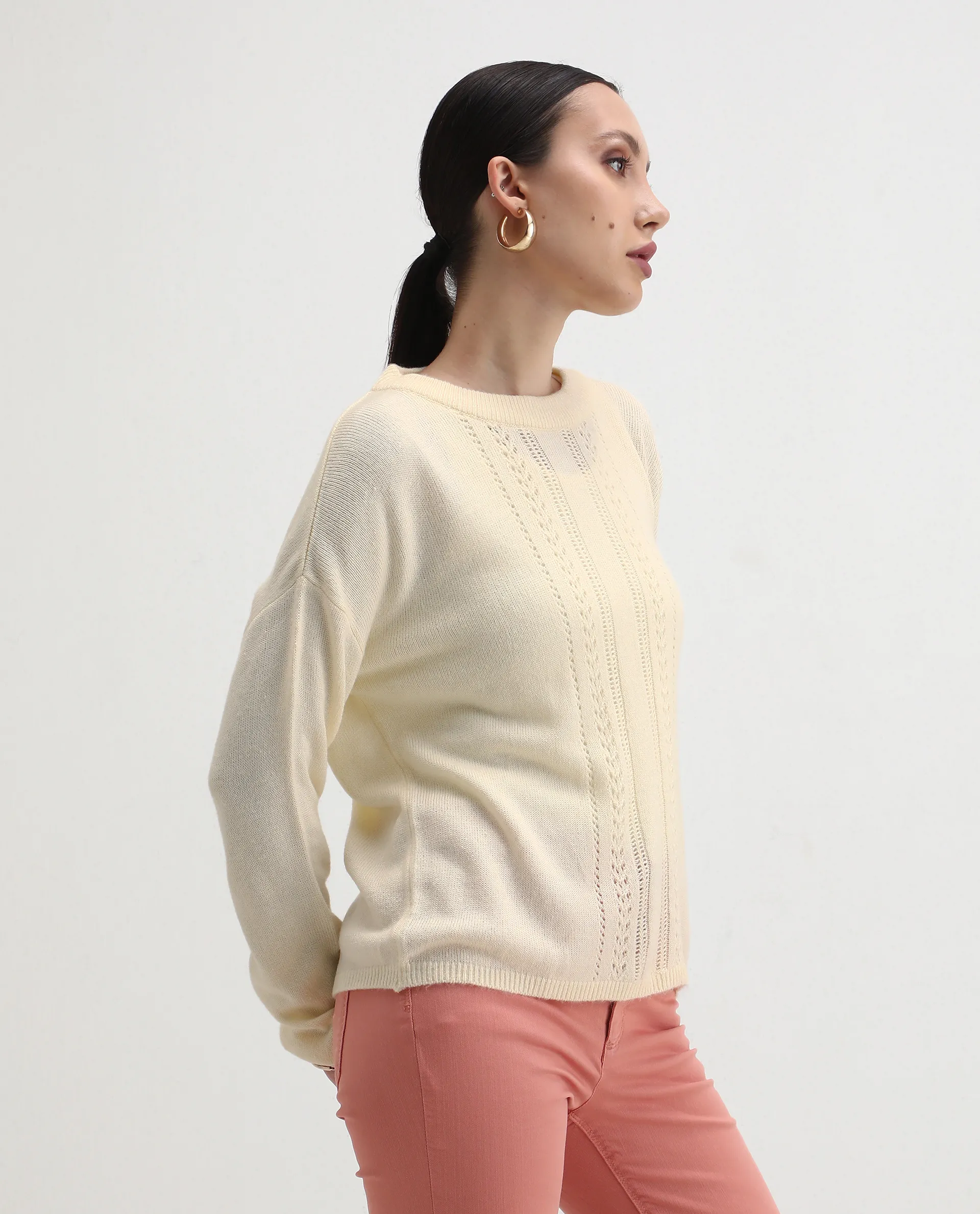 Rareism Women's Viza Off White Acrylic Blend Fabric Crew Neck Relaxed Fit Plain Sweater - Image 5