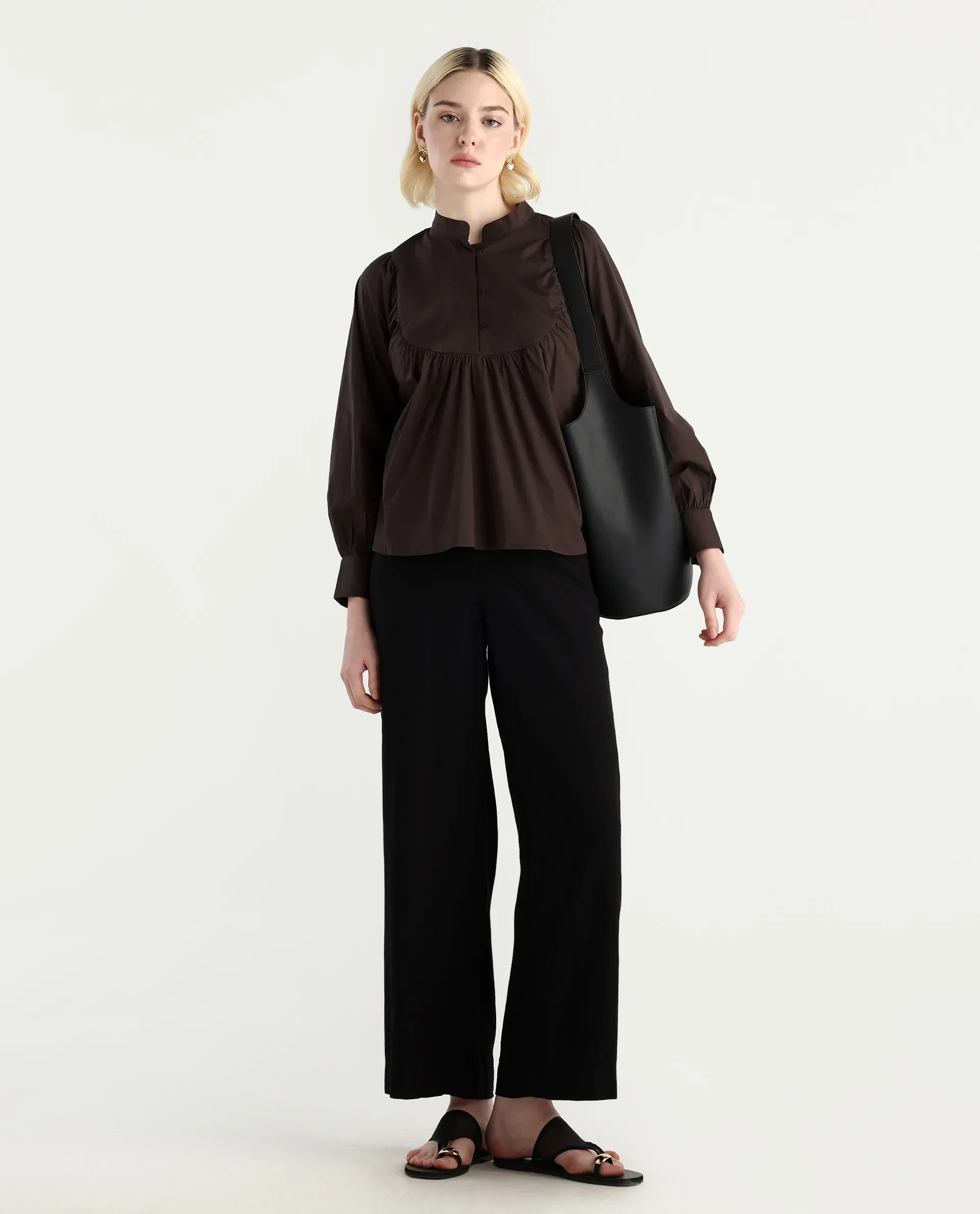 Rareism Women's Vize Brown Cotton Blend High Neck Plain Cuffed Sleeve Relaxed Fit Top - Image 2