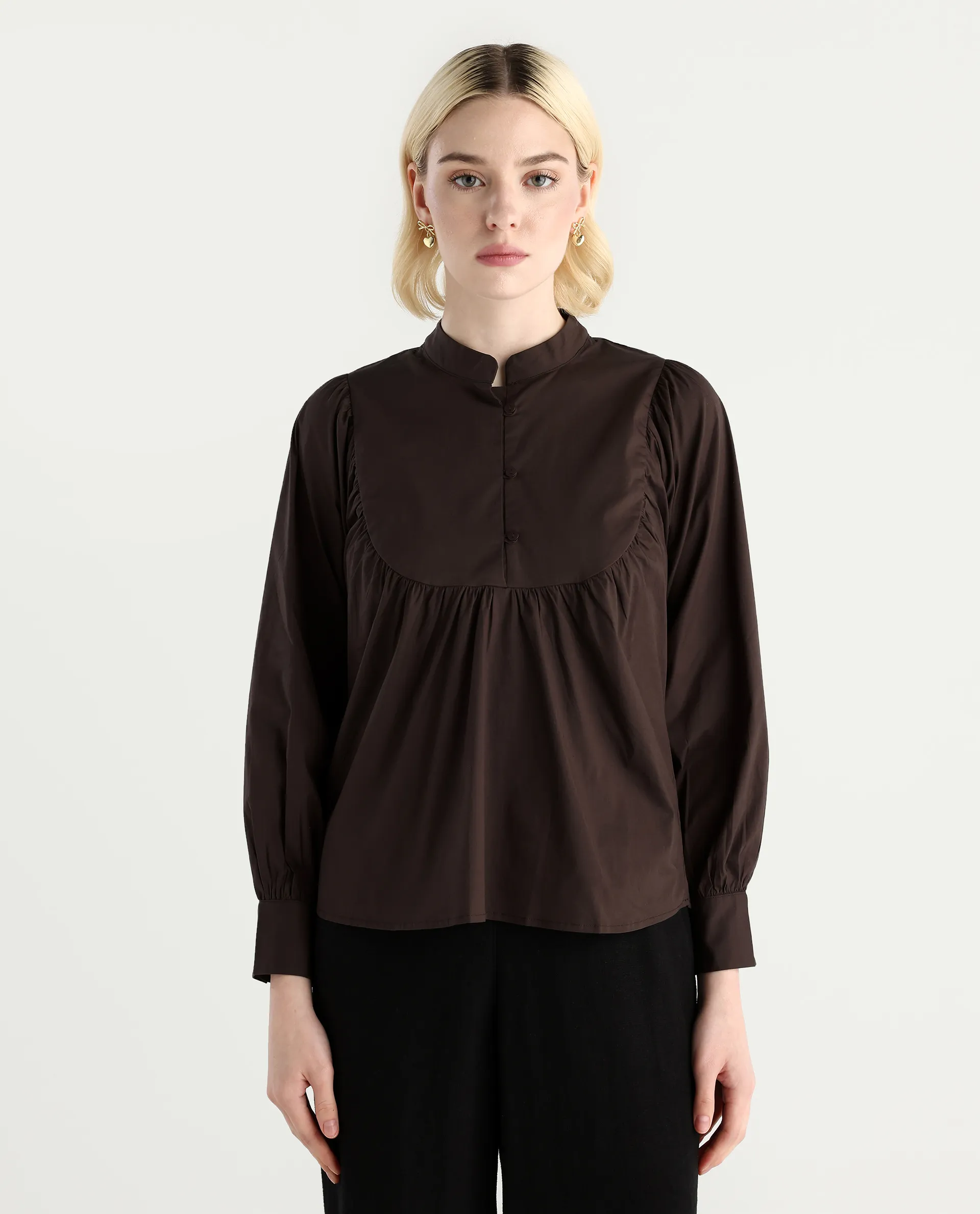 Rareism Women's Vize Brown Cotton Blend High Neck Plain Cuffed Sleeve Relaxed Fit Top - Image 3