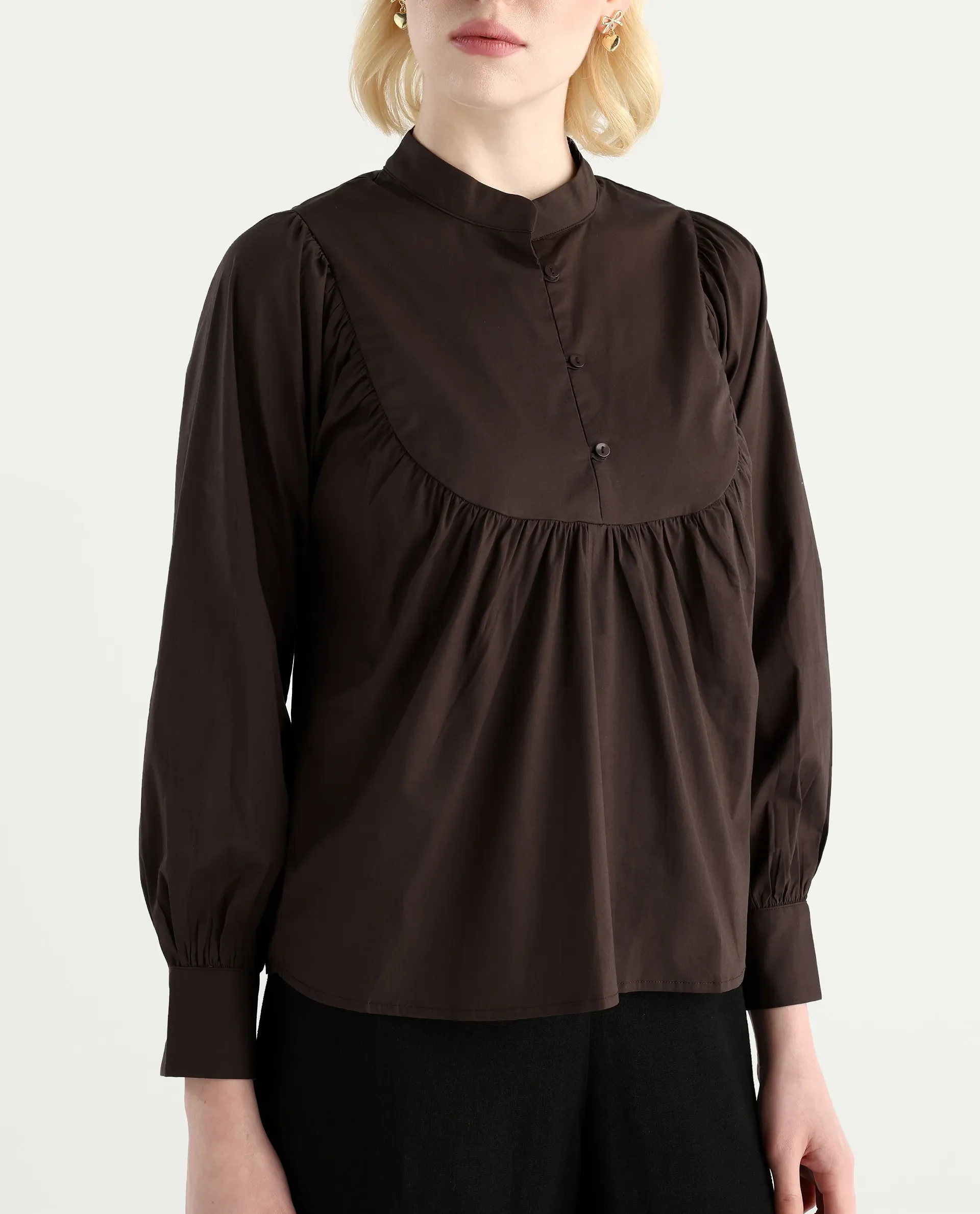 Rareism Women's Vize Brown Cotton Blend High Neck Plain Cuffed Sleeve Relaxed Fit Top - Image 4