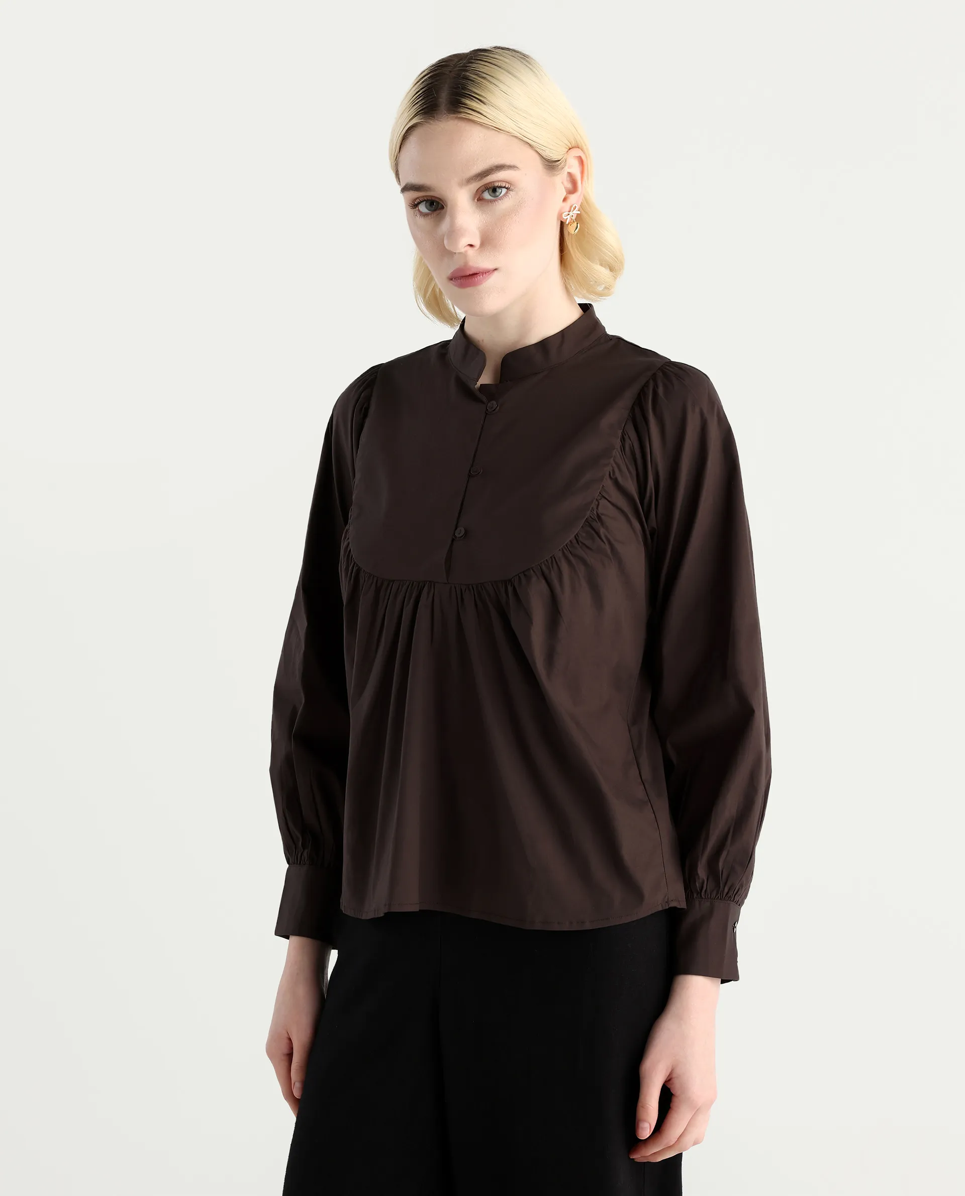 Rareism Women's Vize Brown Cotton Blend High Neck Plain Cuffed Sleeve Relaxed Fit Top - Image 5