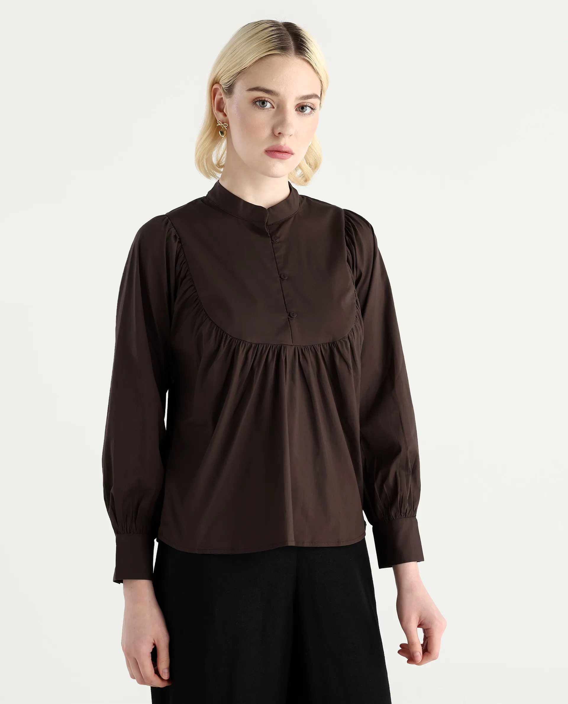 Rareism Women's Vize Brown Cotton Blend High Neck Plain Cuffed Sleeve Relaxed Fit Top - Image 6