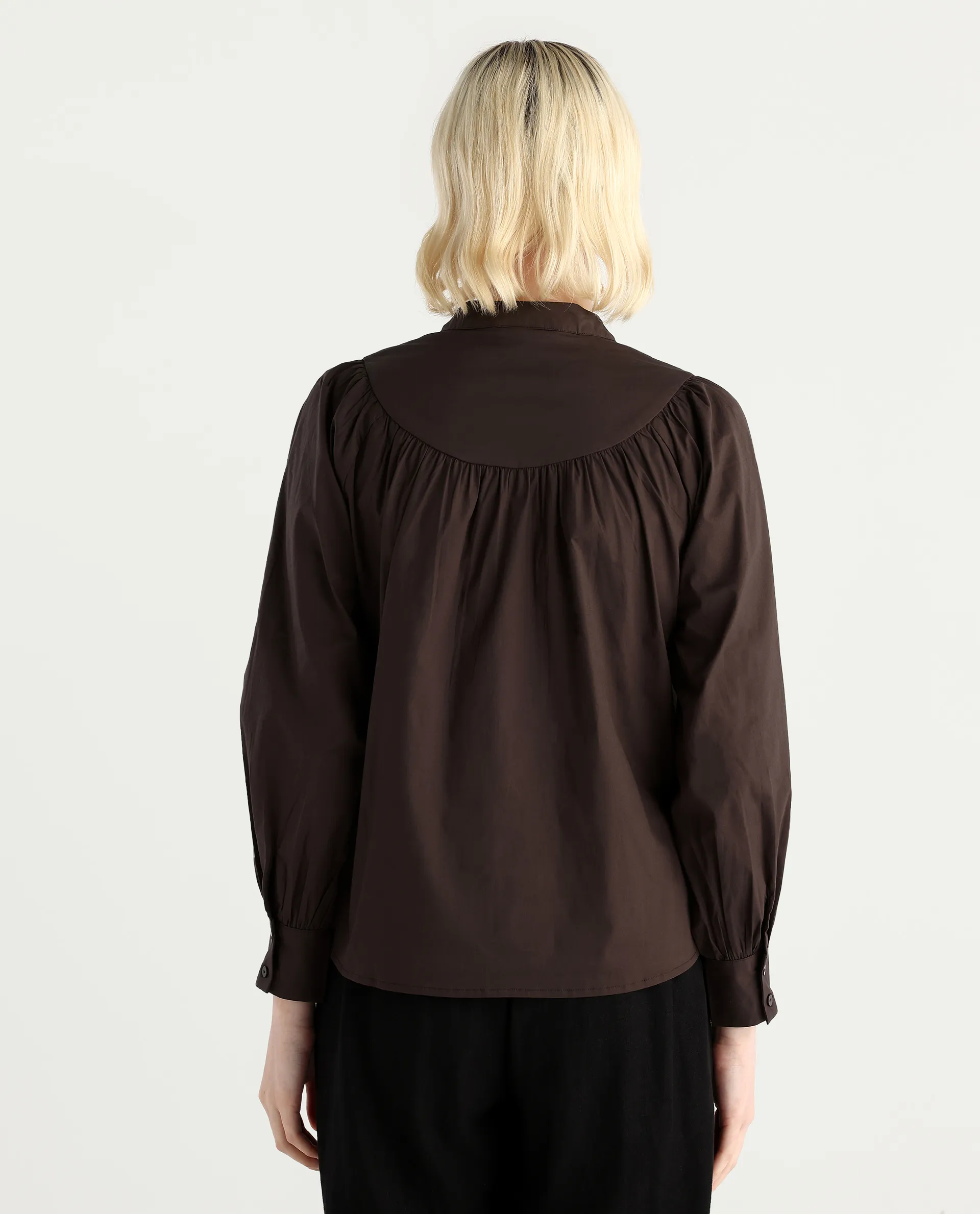 Rareism Women's Vize Brown Cotton Blend High Neck Plain Cuffed Sleeve Relaxed Fit Top - Image 7