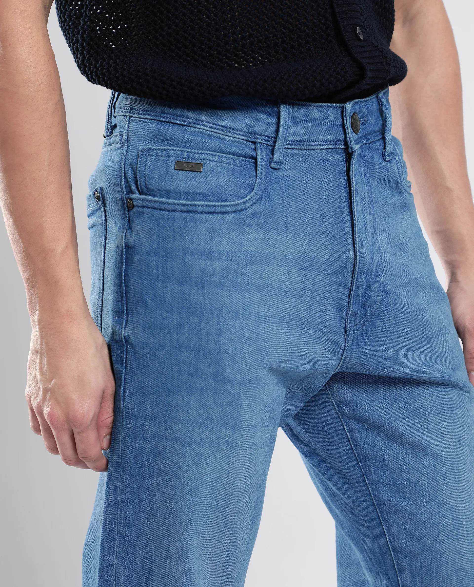 Rare Rabbit Men's Vlad-4 Blue Cotton Blend Plain Morris Regular Fit Jeans - Image 2
