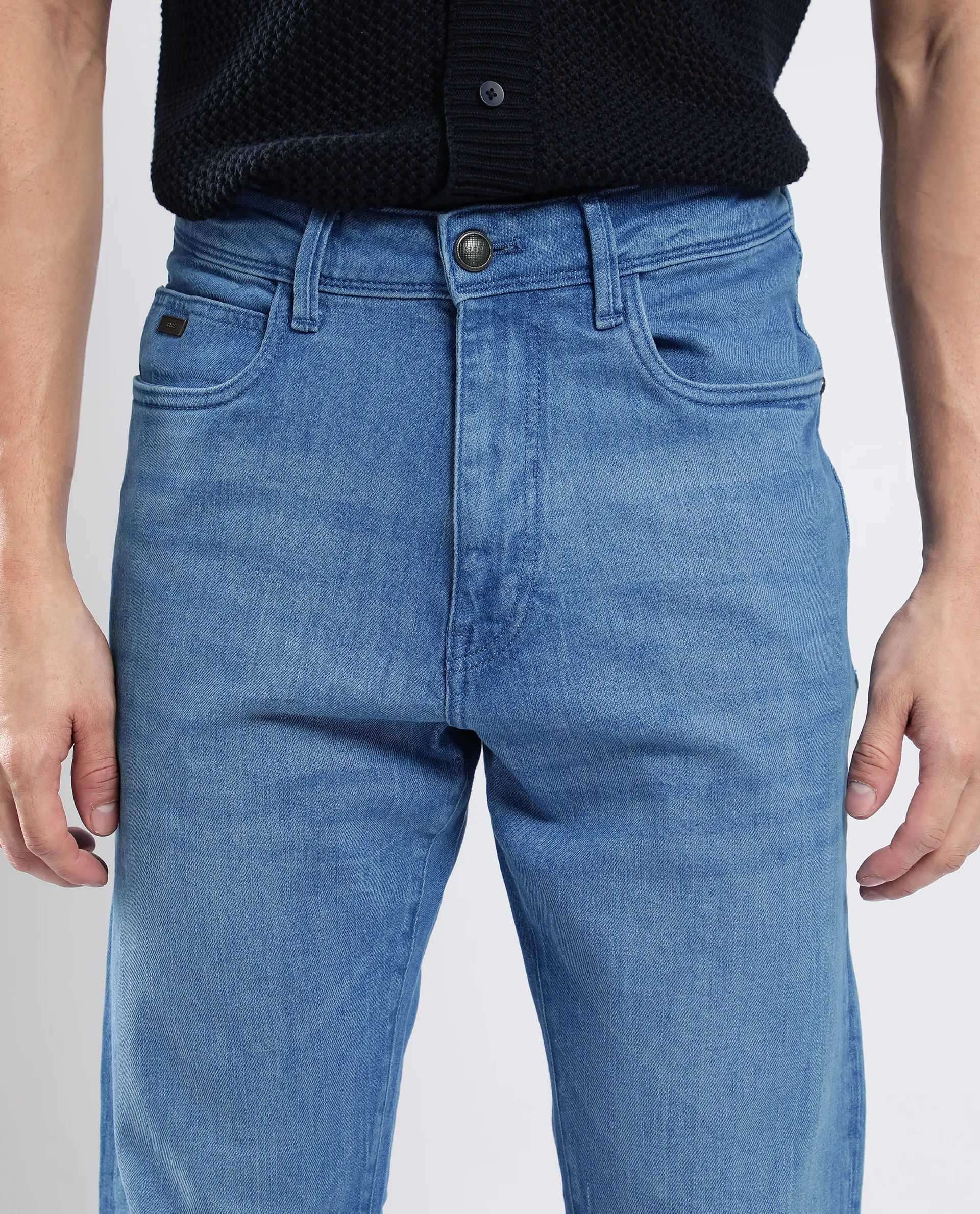 Rare Rabbit Men's Vlad-4 Blue Cotton Blend Plain Morris Regular Fit Jeans - Image 6