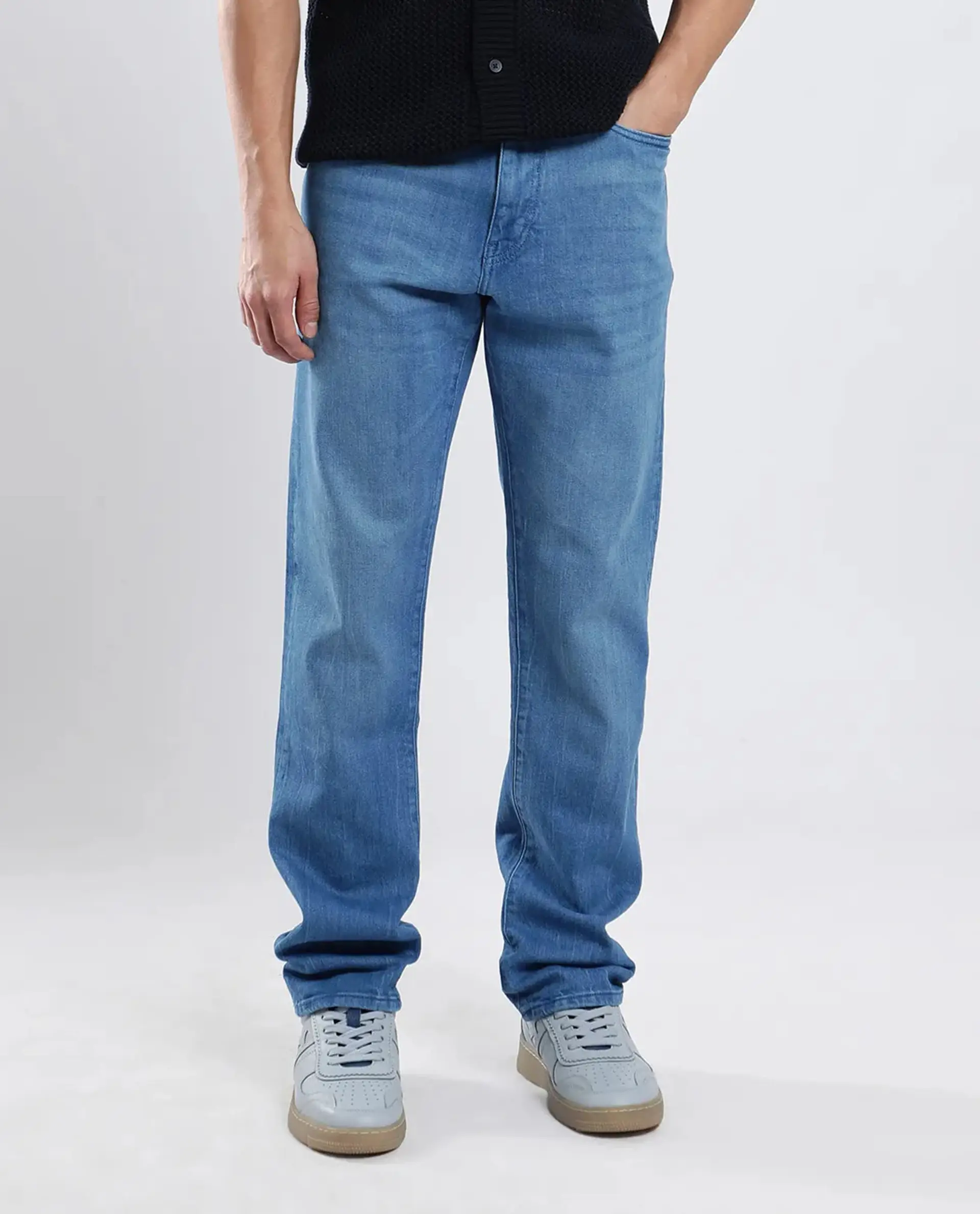 Rare Rabbit Men's Vlad-4 Blue Cotton Blend Plain Morris Regular Fit Jeans - Image 8