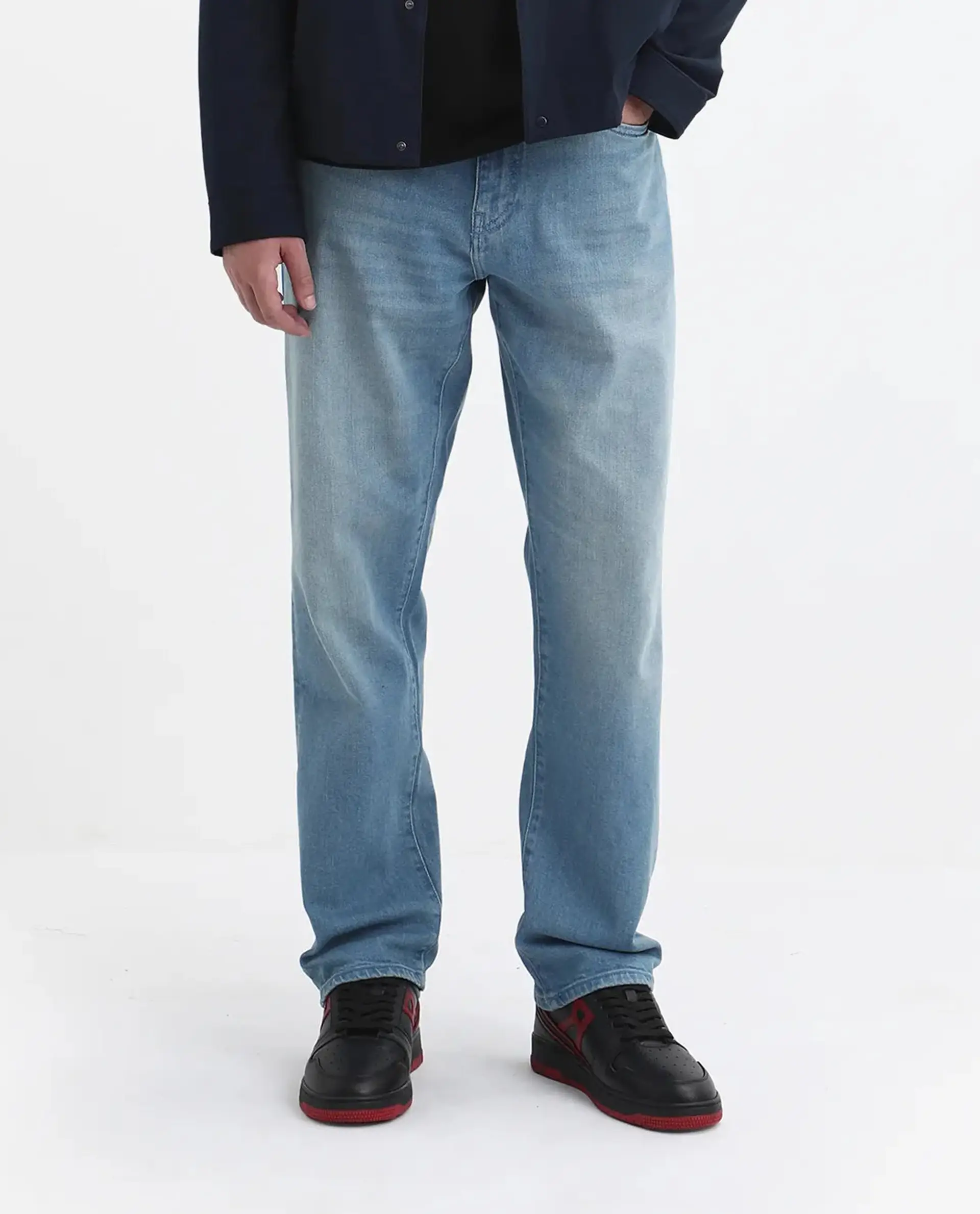 Rare Rabbit Men's Vlad-D Blue Cotton Blend Plain Kurt Carrot Fit Jeans - Image 7