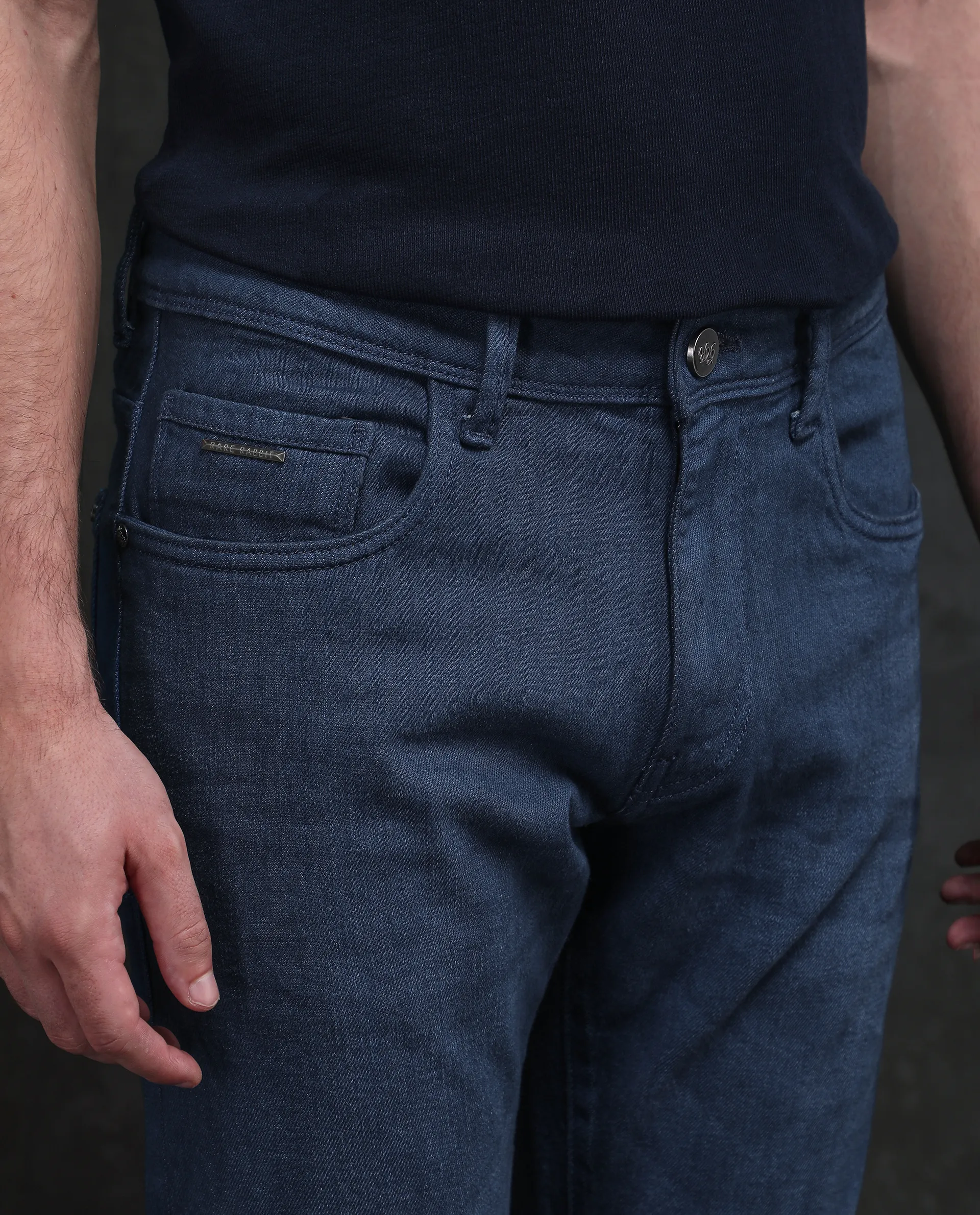 Rare Rabbit Men Vlad-G Dark Blue Cotton Blend Fabric Button Closure Slim Fit Plain Jeans - Image 5