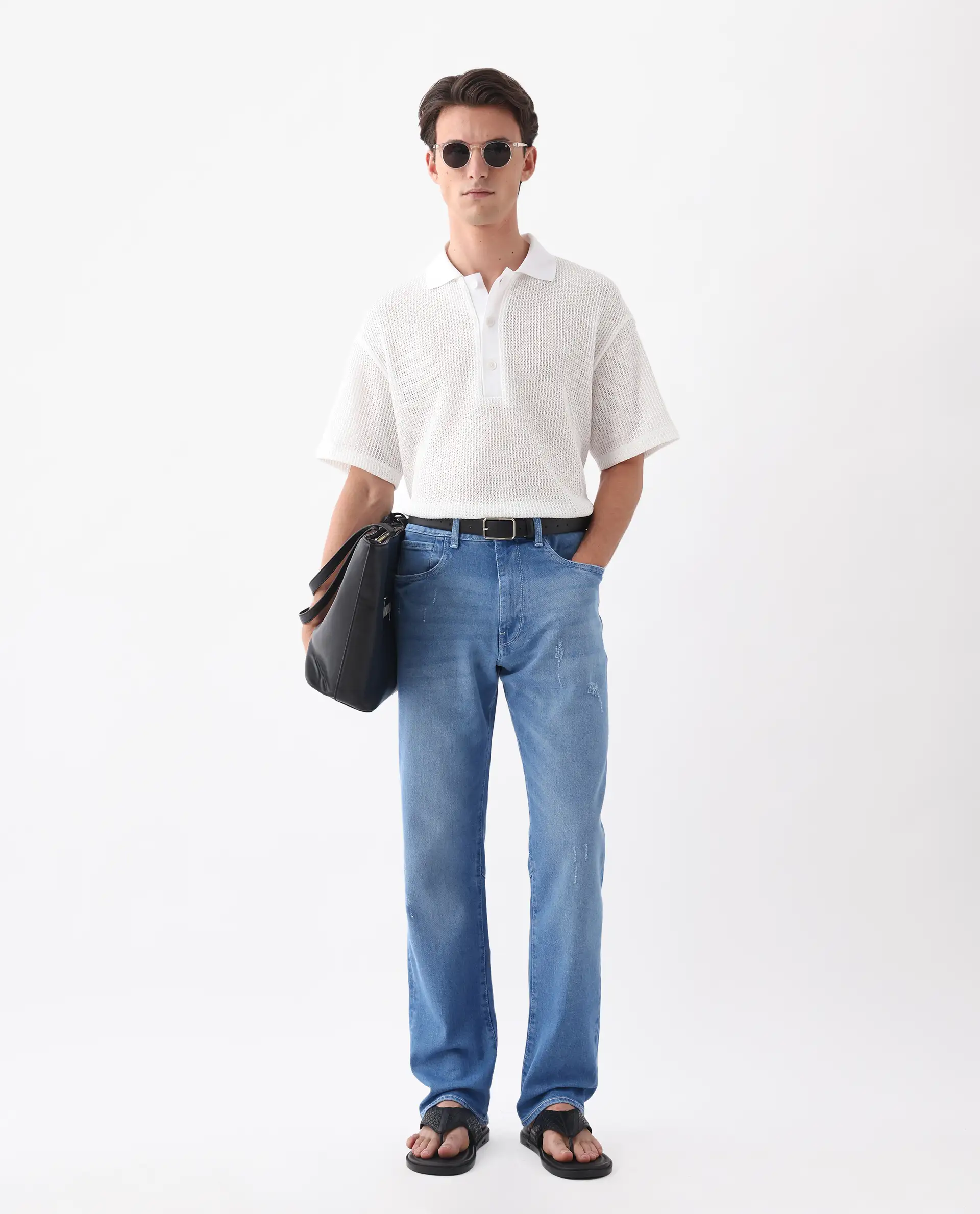 Rare Rabbit Men's Vlad-M Light Blue Cotton Blend Plain Morris Regular Fit Jeans