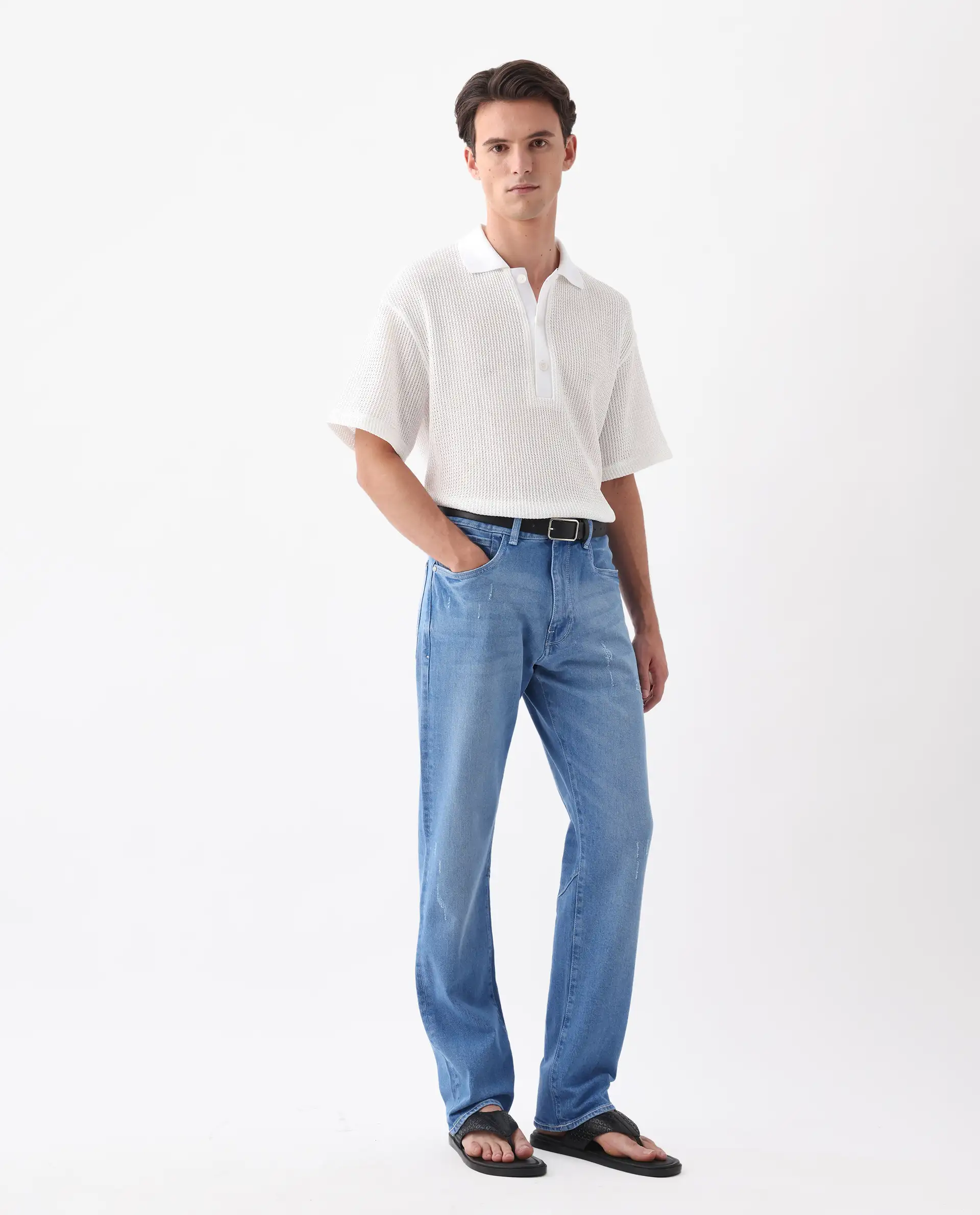Rare Rabbit Men's Vlad-M Light Blue Cotton Blend Plain Morris Regular Fit Jeans - Image 6