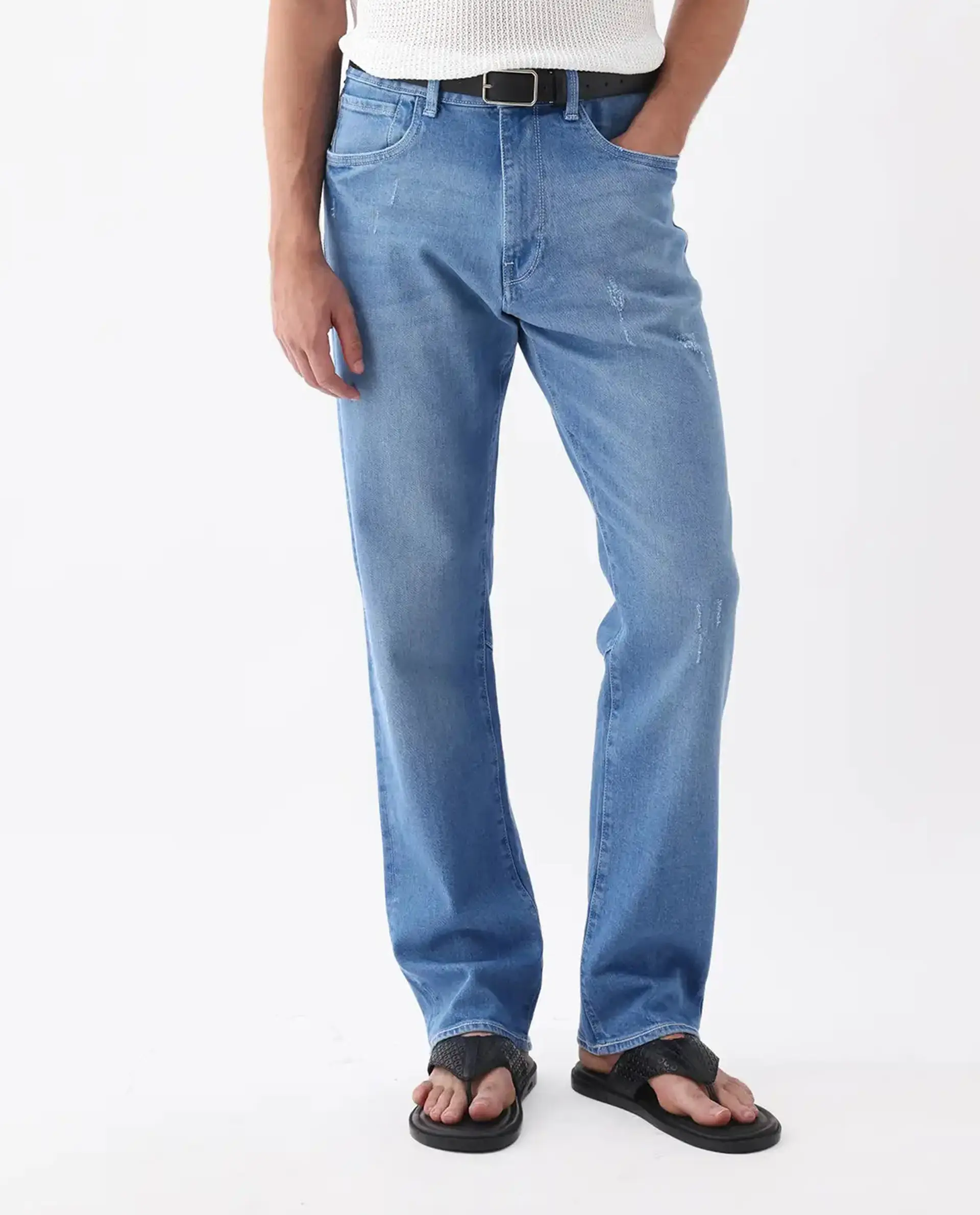 Rare Rabbit Men's Vlad-M Light Blue Cotton Blend Plain Morris Regular Fit Jeans - Image 8