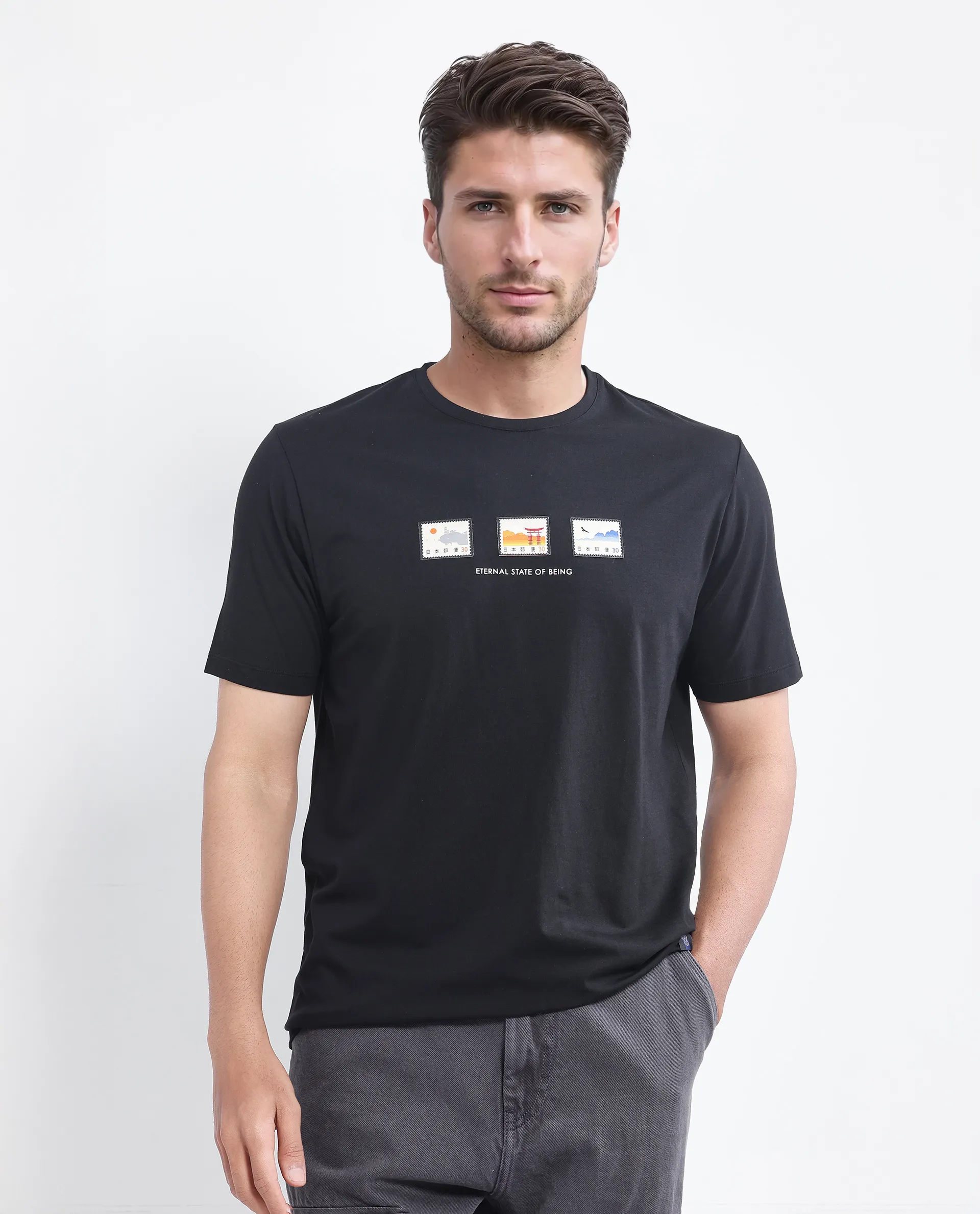 Rare Rabbit Men's Vob Black Cotton Blend Label Print Regular Fit Half Sleeve Crew Neck T-Shirt - Image 2