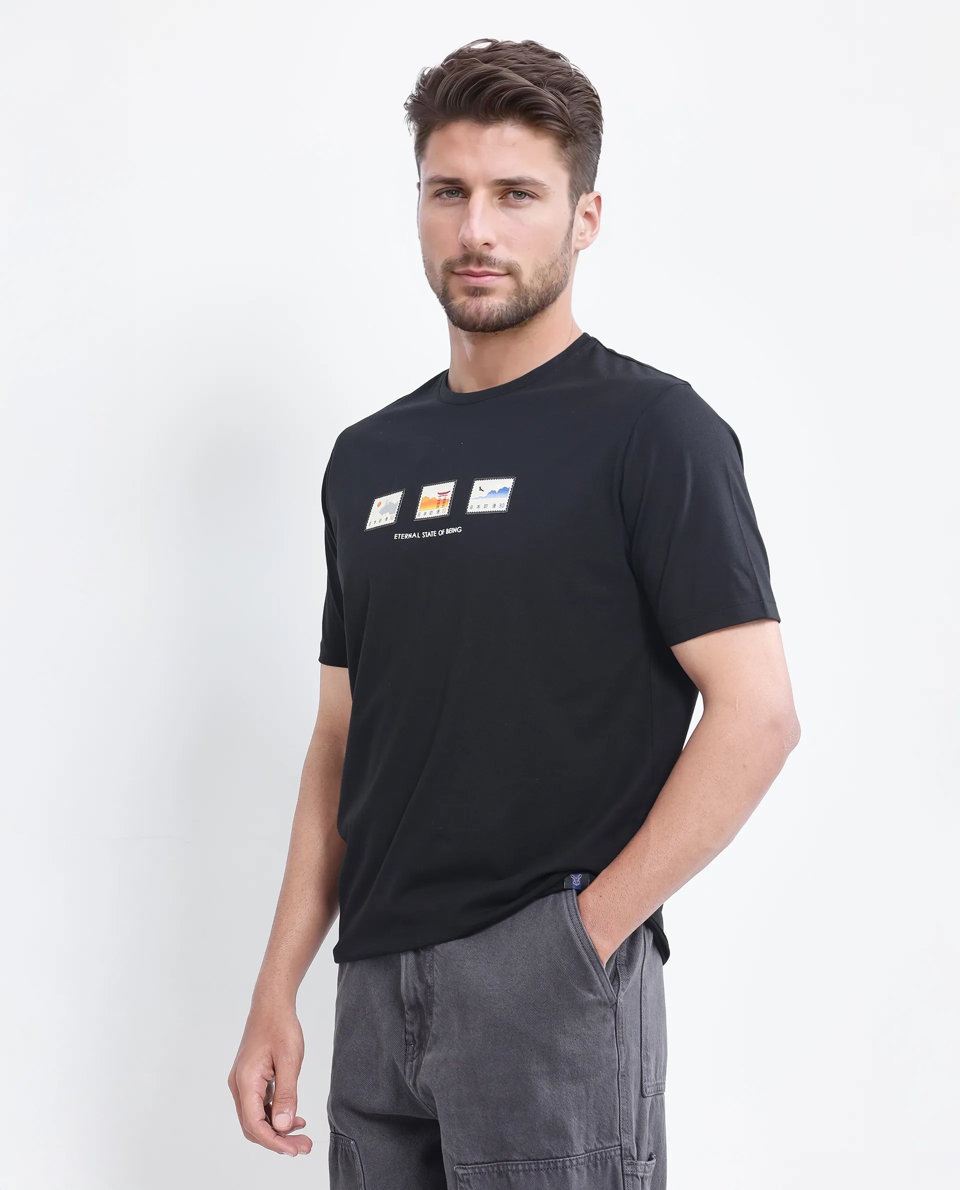Rare Rabbit Men's Vob Black Cotton Blend Label Print Regular Fit Half Sleeve Crew Neck T-Shirt - Image 3