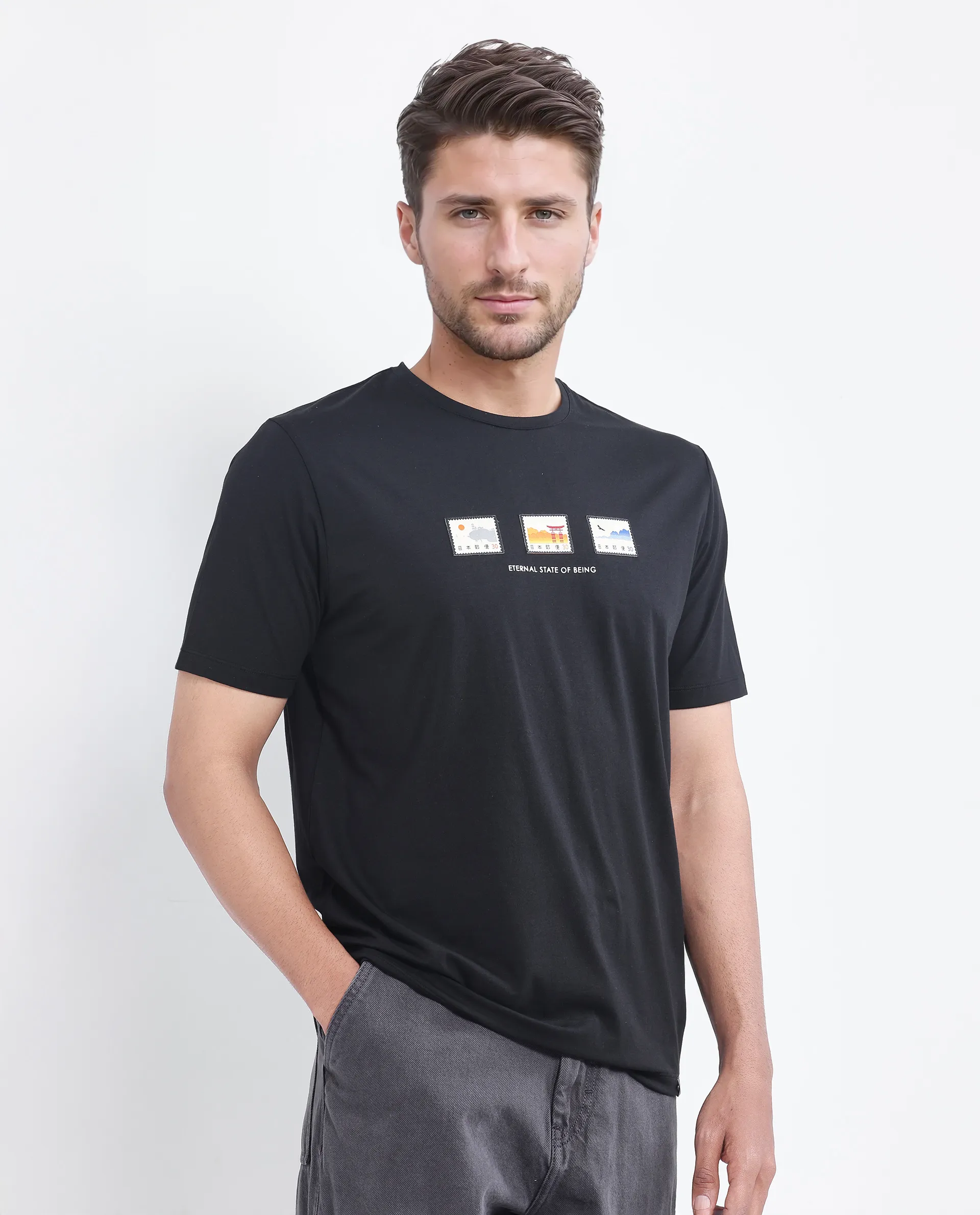 Rare Rabbit Men's Vob Black Cotton Blend Label Print Regular Fit Half Sleeve Crew Neck T-Shirt - Image 4