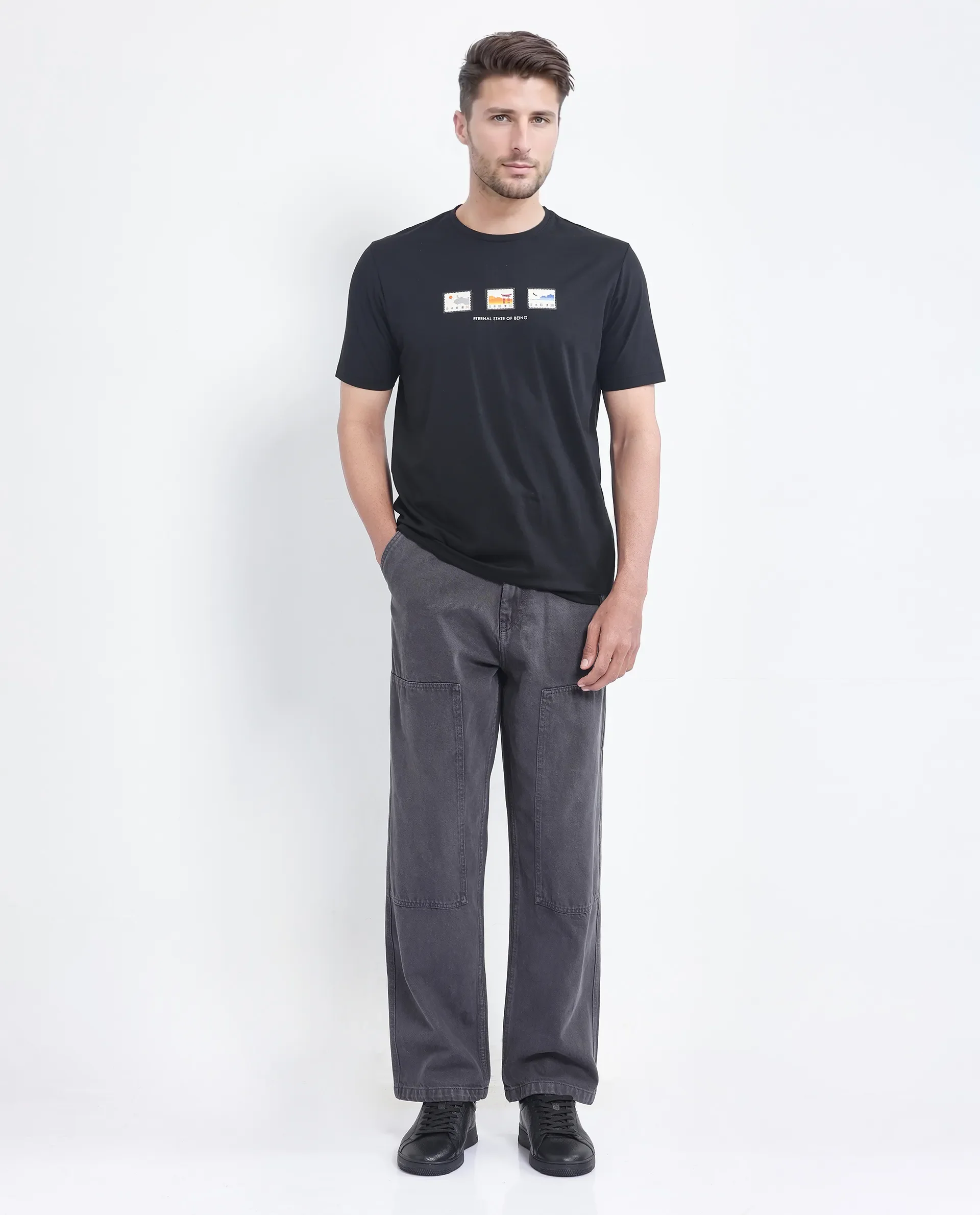 Rare Rabbit Men's Vob Black Cotton Blend Label Print Regular Fit Half Sleeve Crew Neck T-Shirt - Image 5