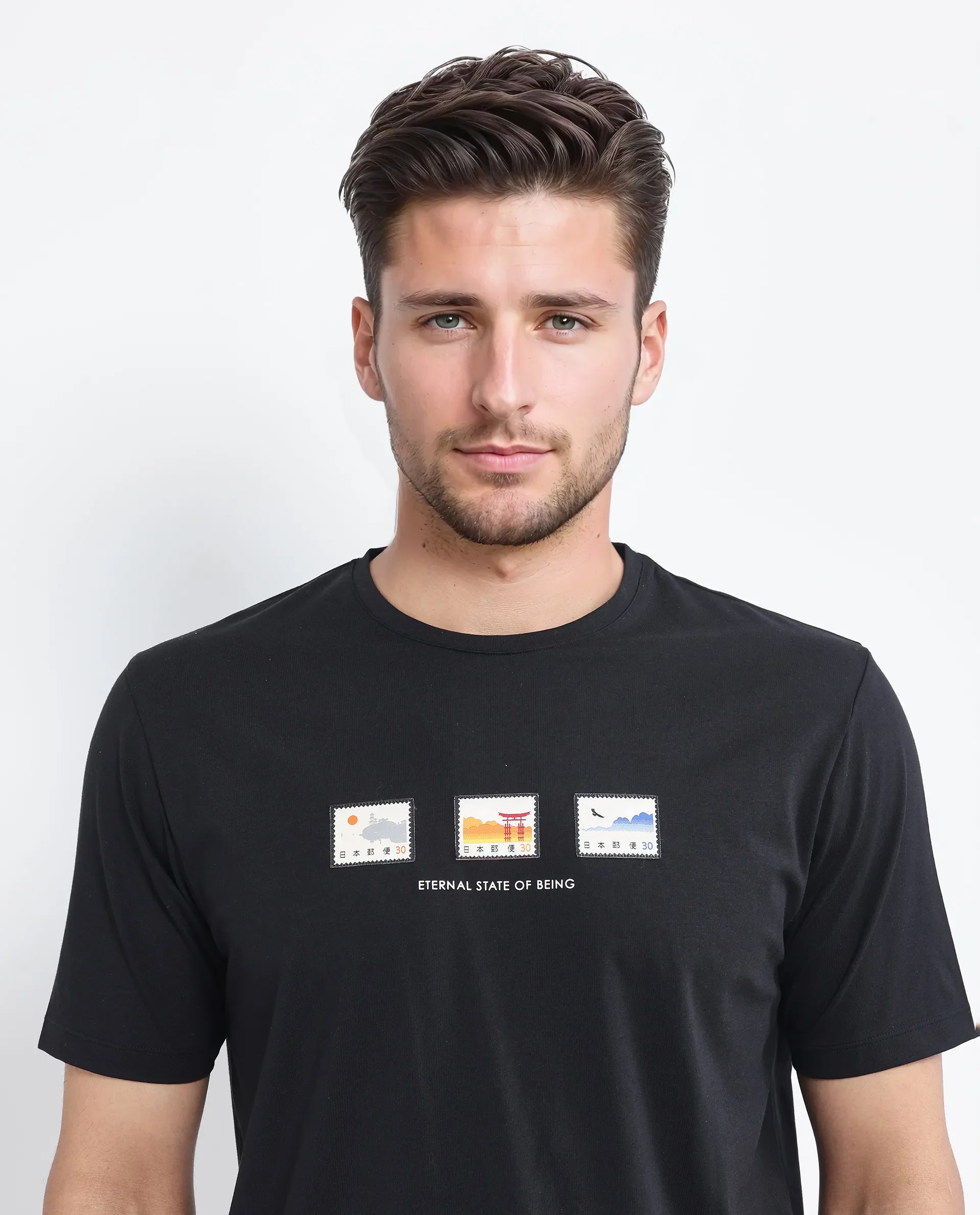 Rare Rabbit Men's Vob Black Cotton Blend Label Print Regular Fit Half Sleeve Crew Neck T-Shirt - Image 6