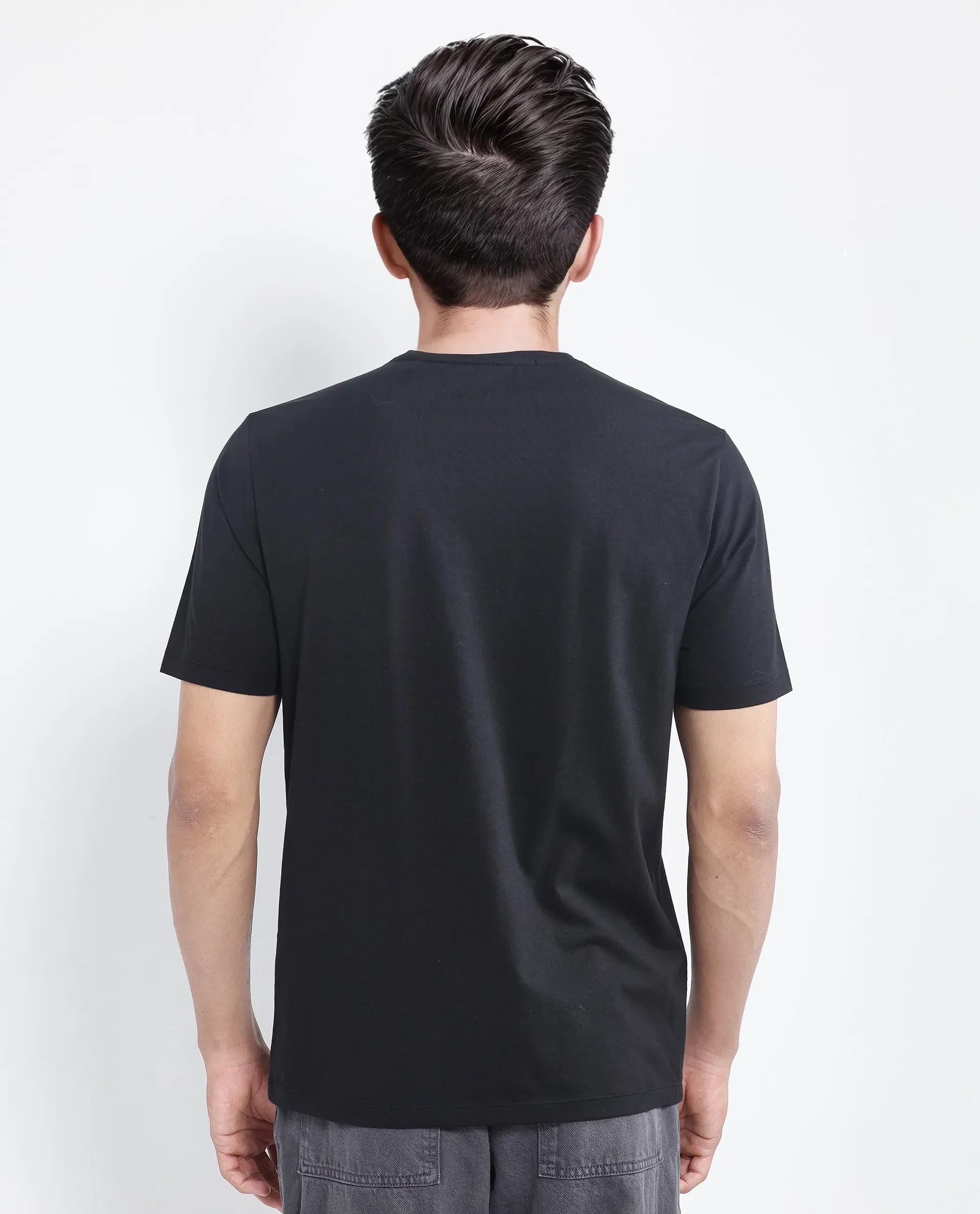 Rare Rabbit Men's Vob Black Cotton Blend Label Print Regular Fit Half Sleeve Crew Neck T-Shirt - Image 8