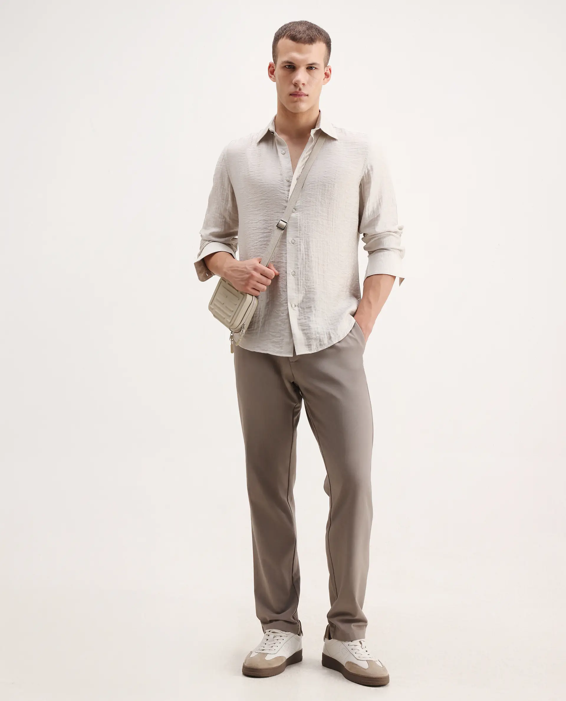 Rare Rabbit Men's Vobrin Dusky Beige Cotton Plain Regular Fit Full Sleeve Collared Shirt - Image 2