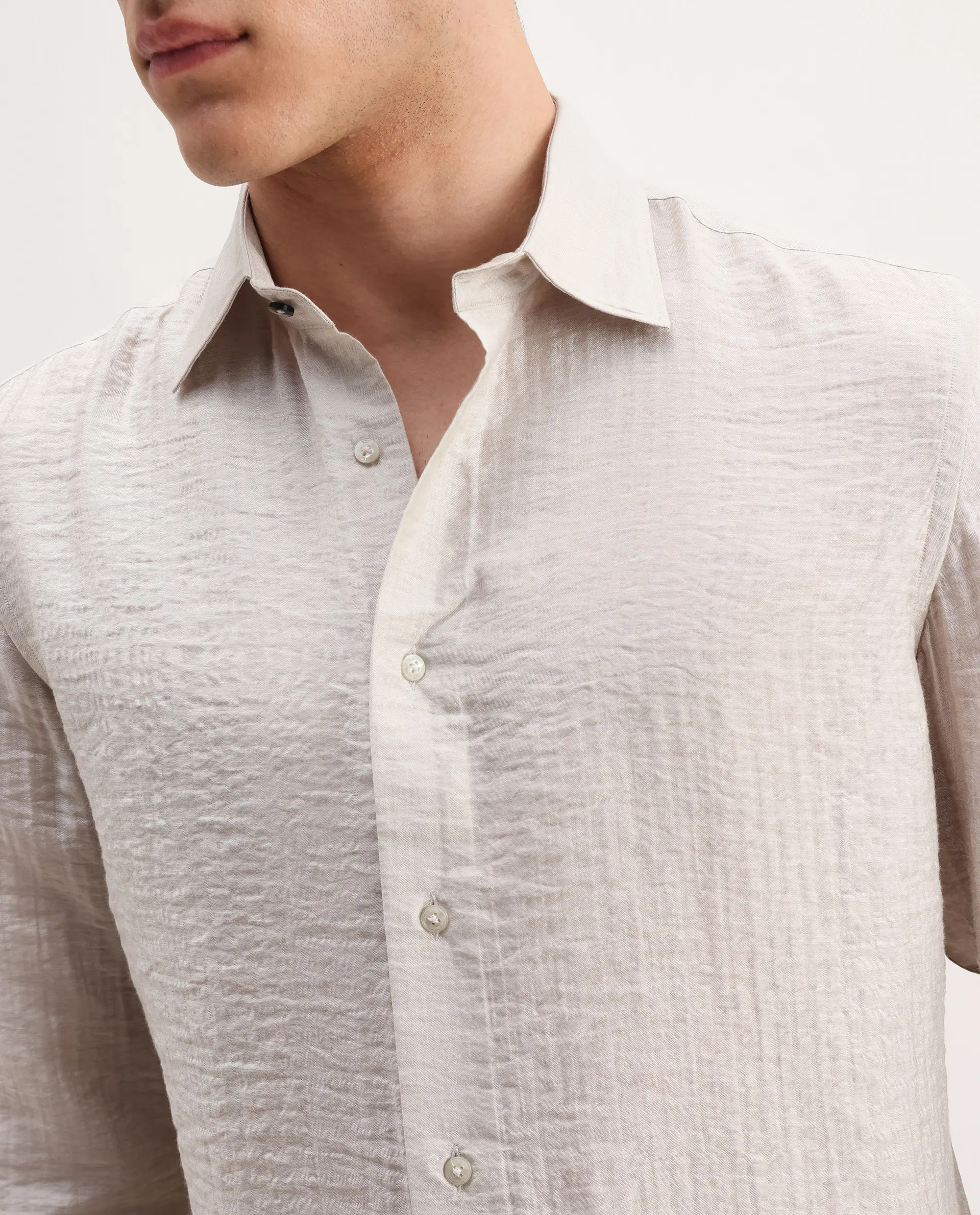 Rare Rabbit Men's Vobrin Dusky Beige Cotton Plain Regular Fit Full Sleeve Collared Shirt - Image 3