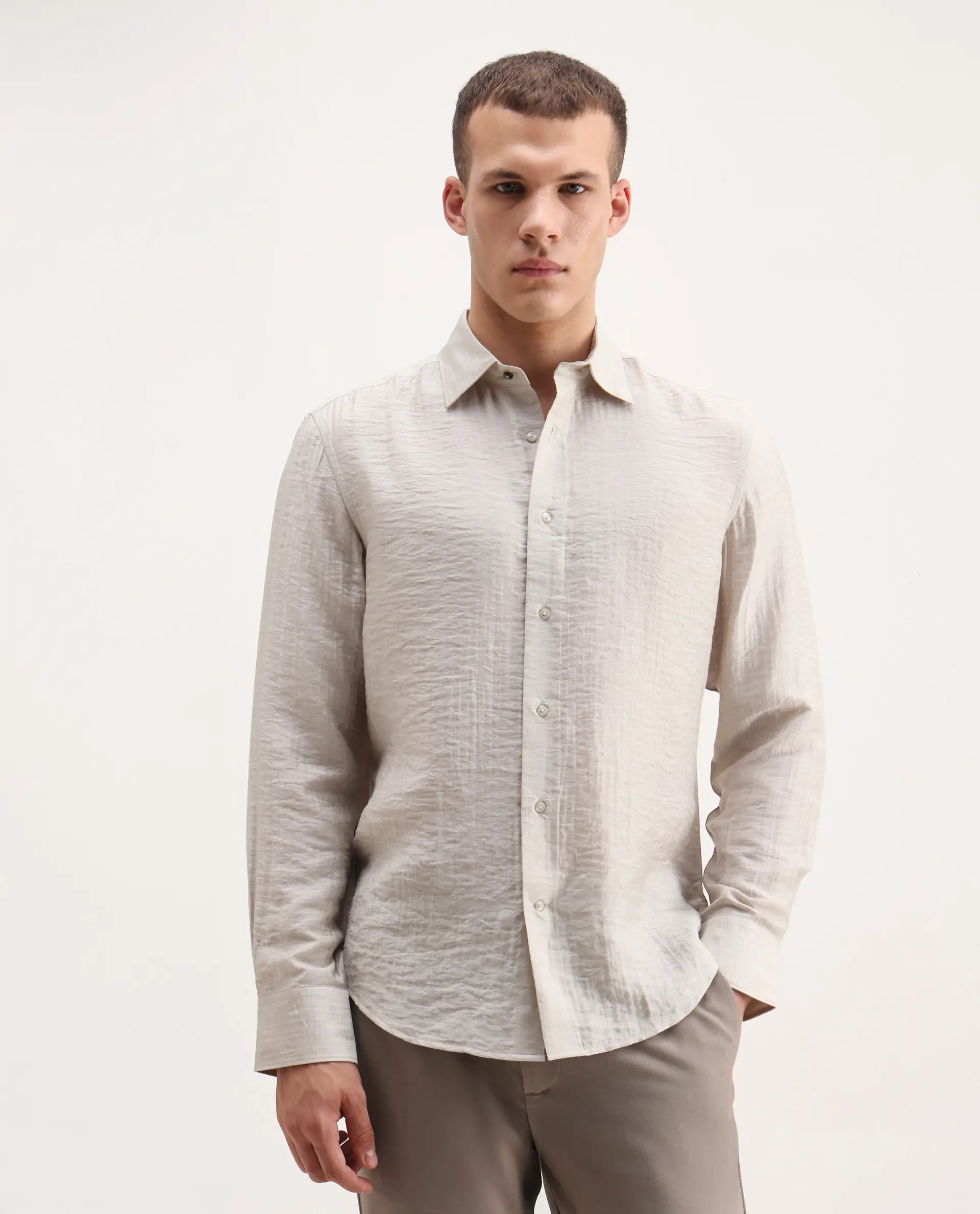 Rare Rabbit Men's Vobrin Dusky Beige Cotton Plain Regular Fit Full Sleeve Collared Shirt - Image 4