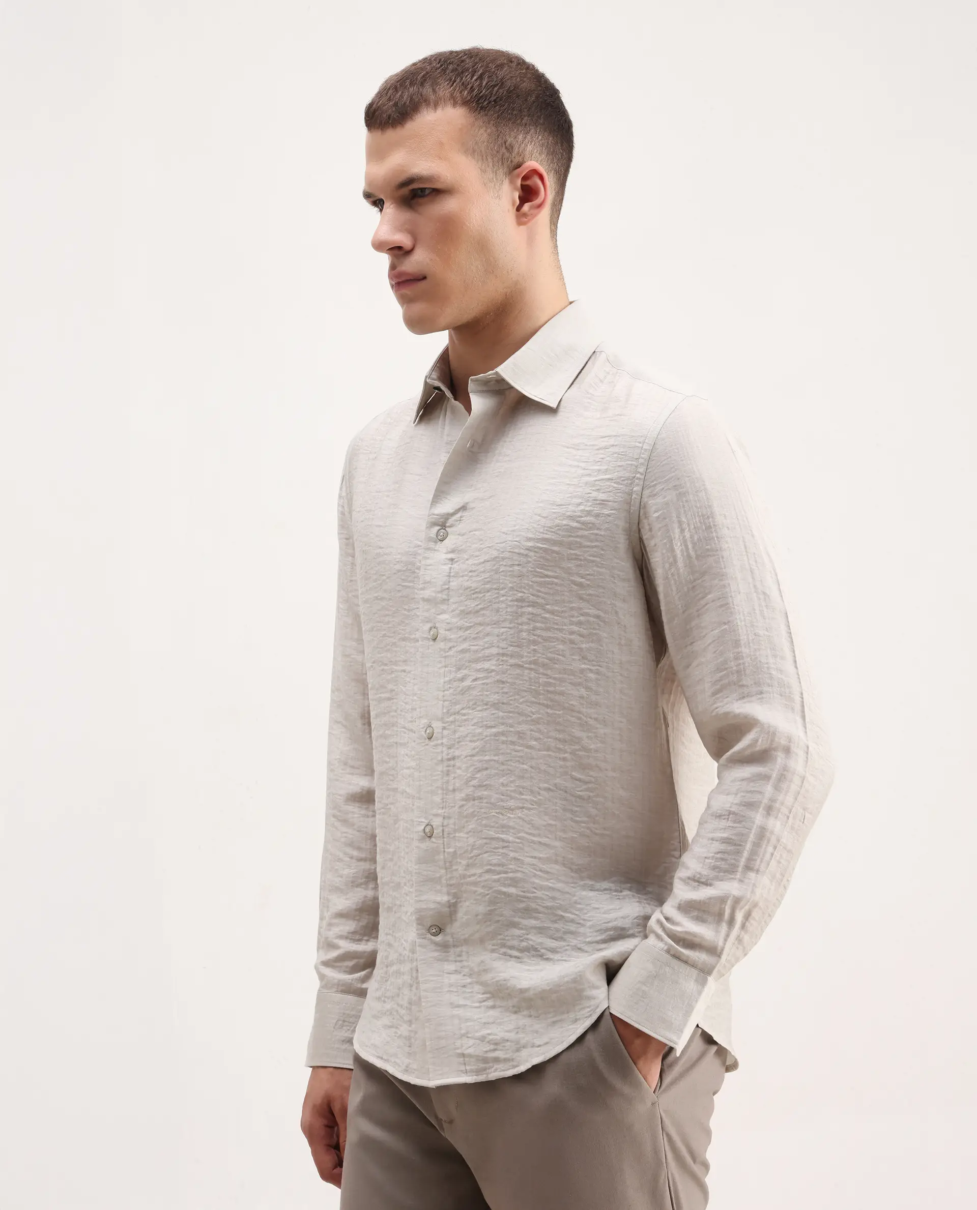 Rare Rabbit Men's Vobrin Dusky Beige Cotton Plain Regular Fit Full Sleeve Collared Shirt - Image 5