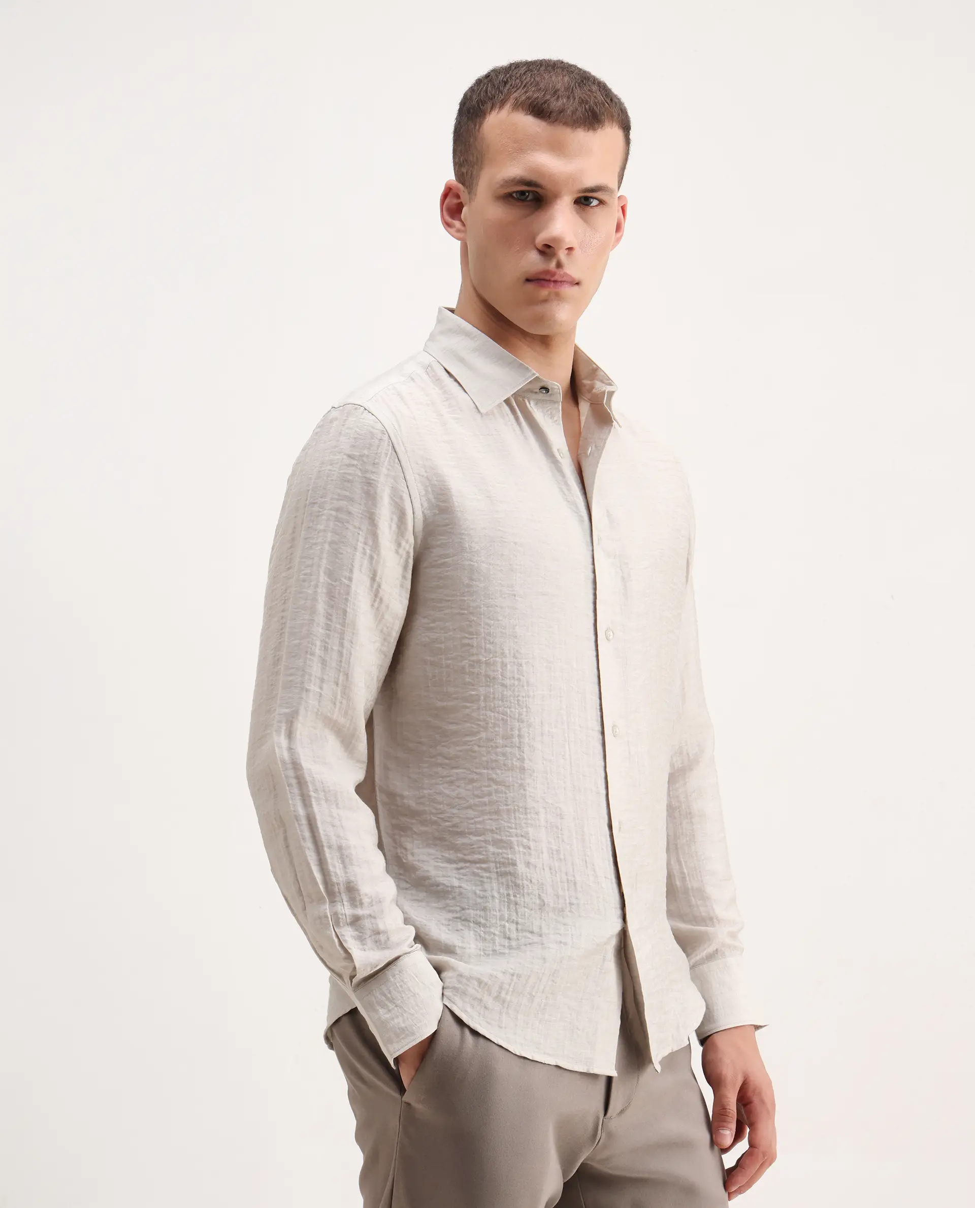 Rare Rabbit Men's Vobrin Dusky Beige Cotton Plain Regular Fit Full Sleeve Collared Shirt - Image 6