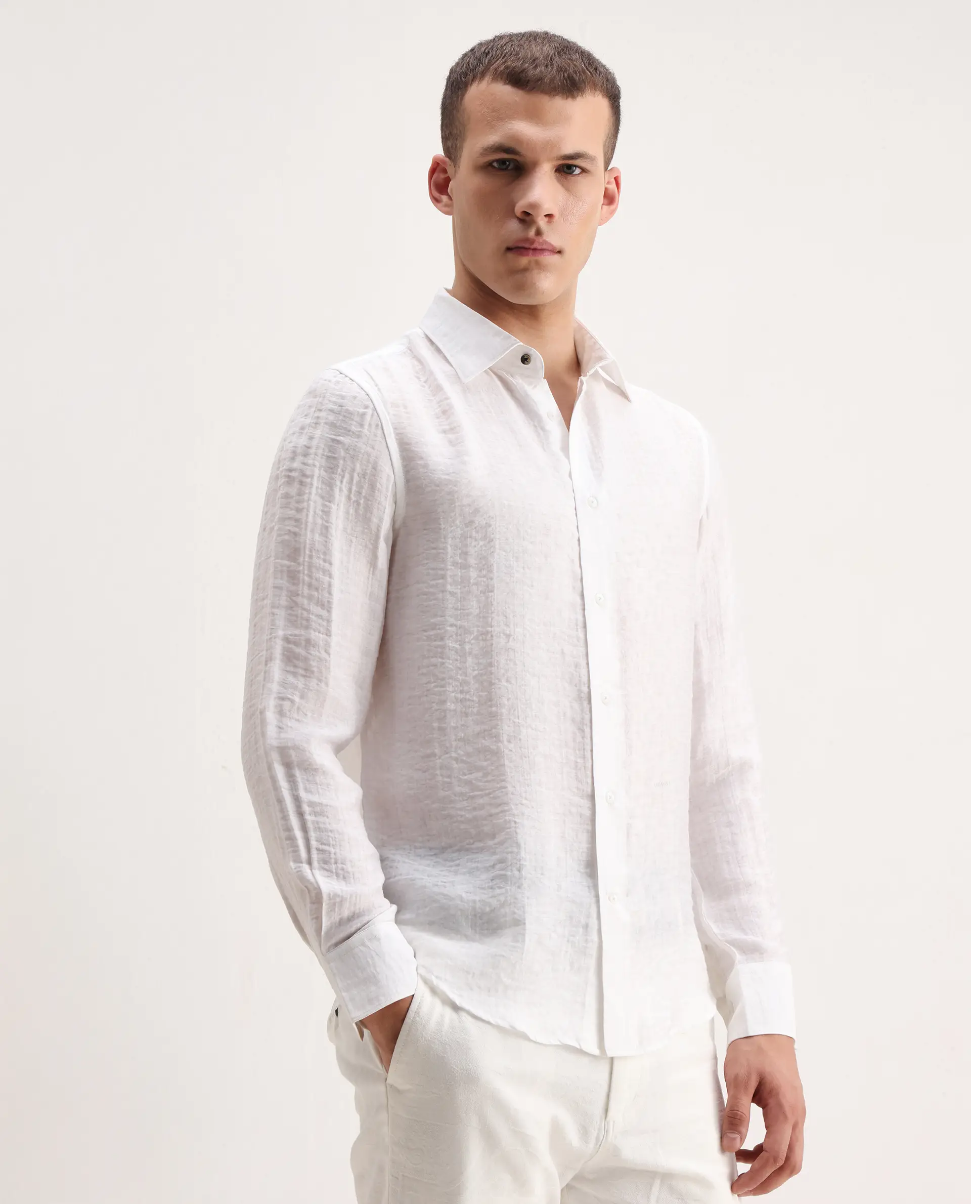 Rare Rabbit Men's Vobrin White Cotton Plain Regular Fit Full Sleeve Collared Shirt - Image 4
