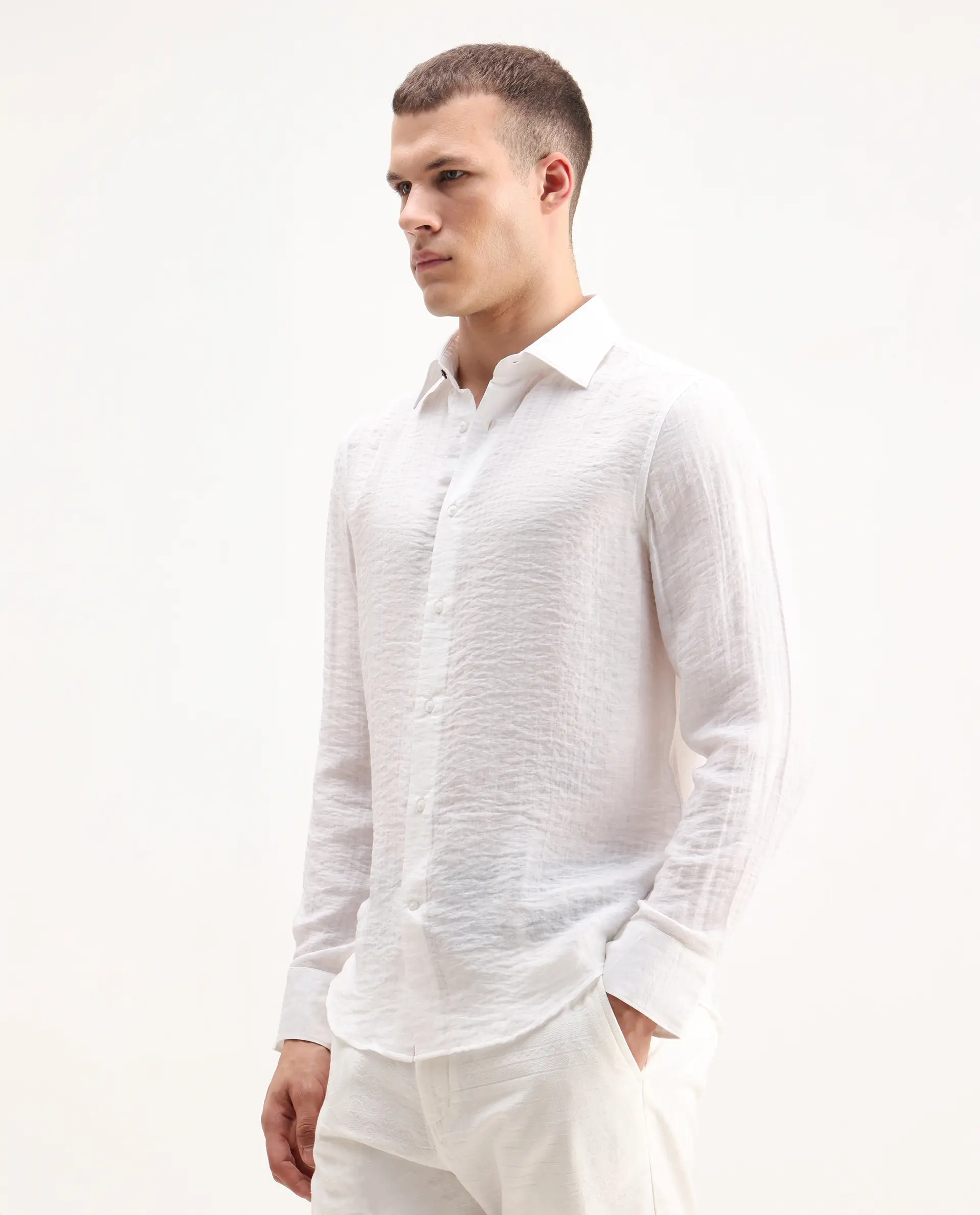 Rare Rabbit Men's Vobrin White Cotton Plain Regular Fit Full Sleeve Collared Shirt - Image 5
