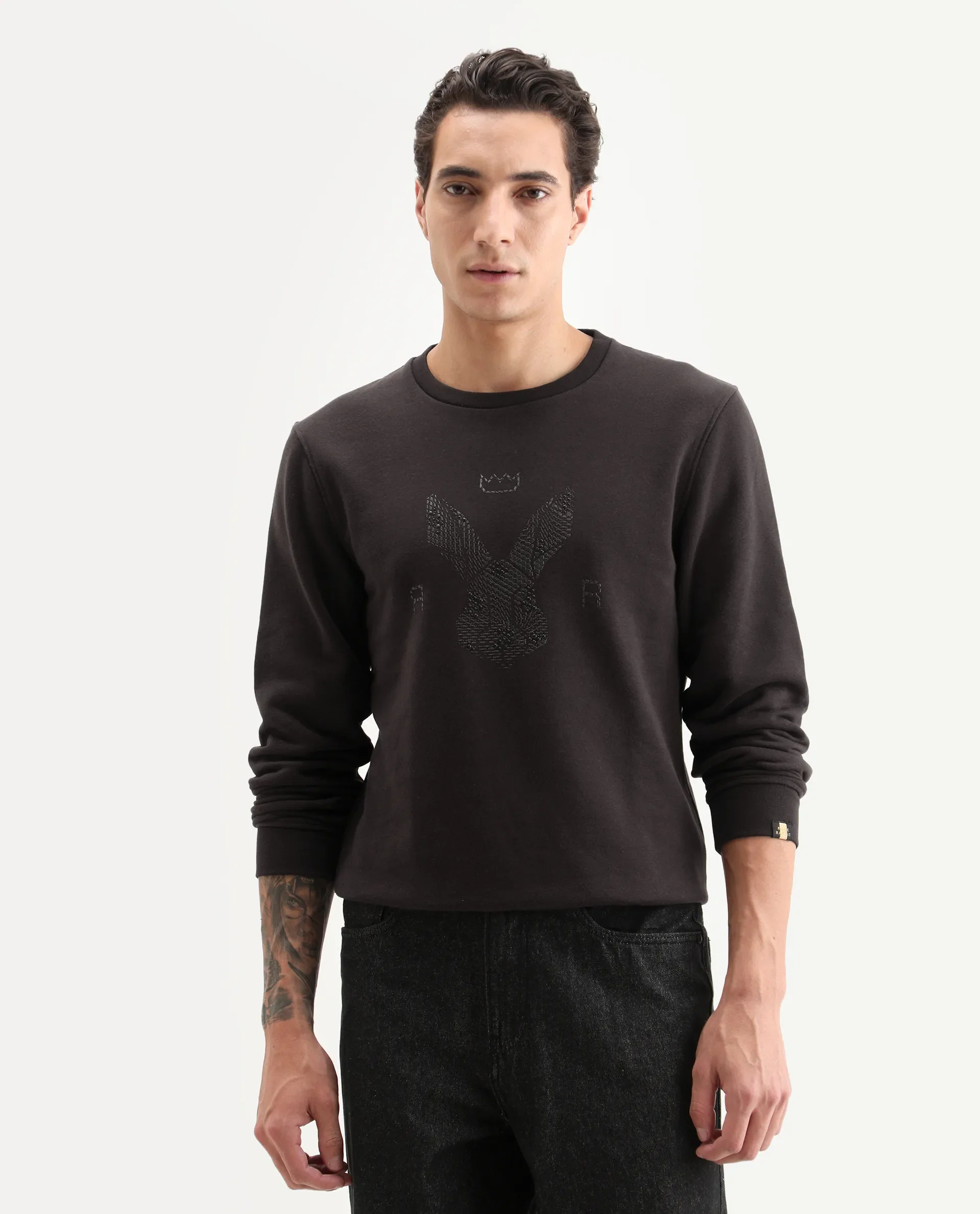 Rare Rabbit Men's Voir Dark Maroon Cotton Graphic Print Regular Fit Full Sleeve Crew Neck Sweatshirt - Image 3