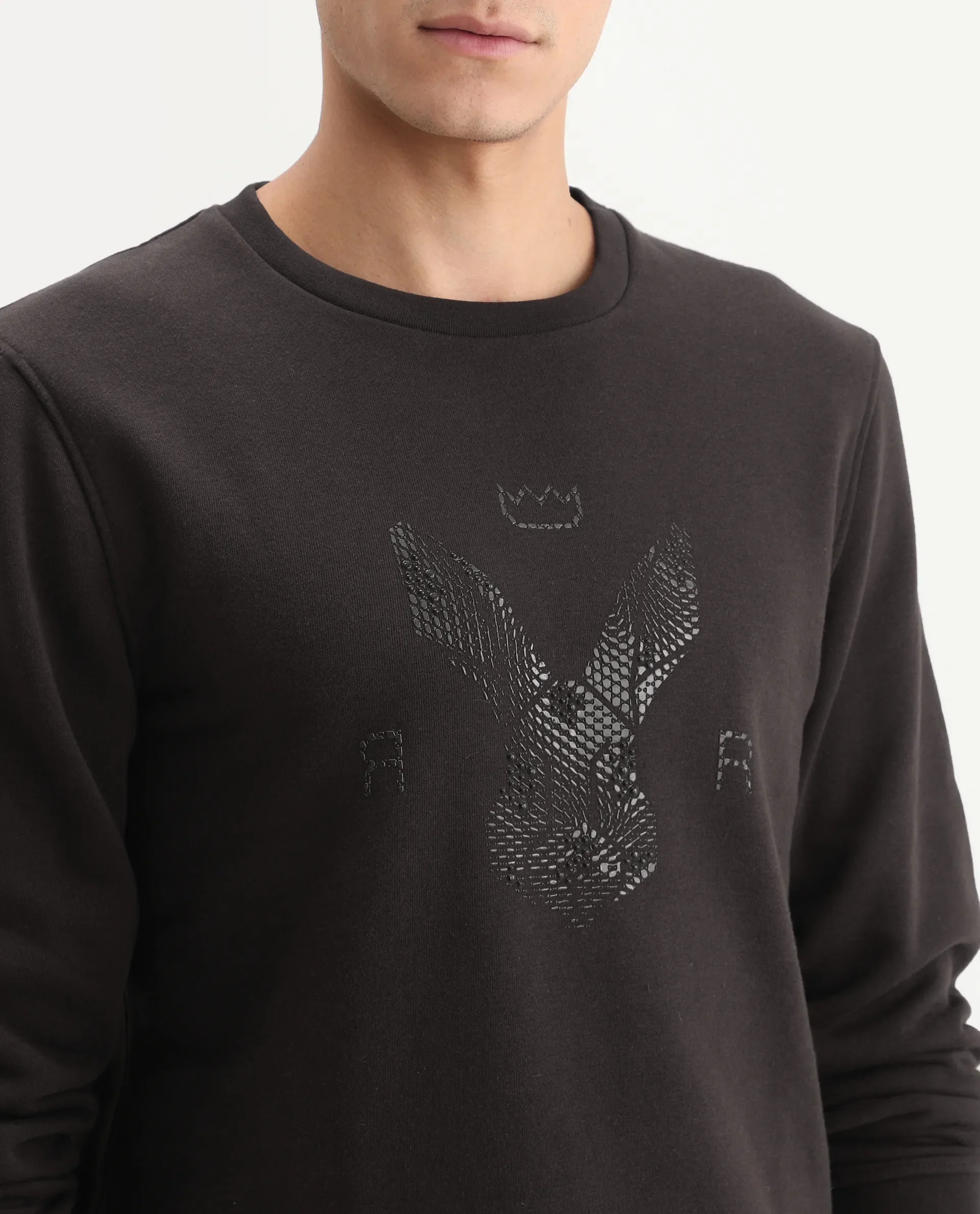 Rare Rabbit Men's Voir Dark Maroon Cotton Graphic Print Regular Fit Full Sleeve Crew Neck Sweatshirt - Image 4