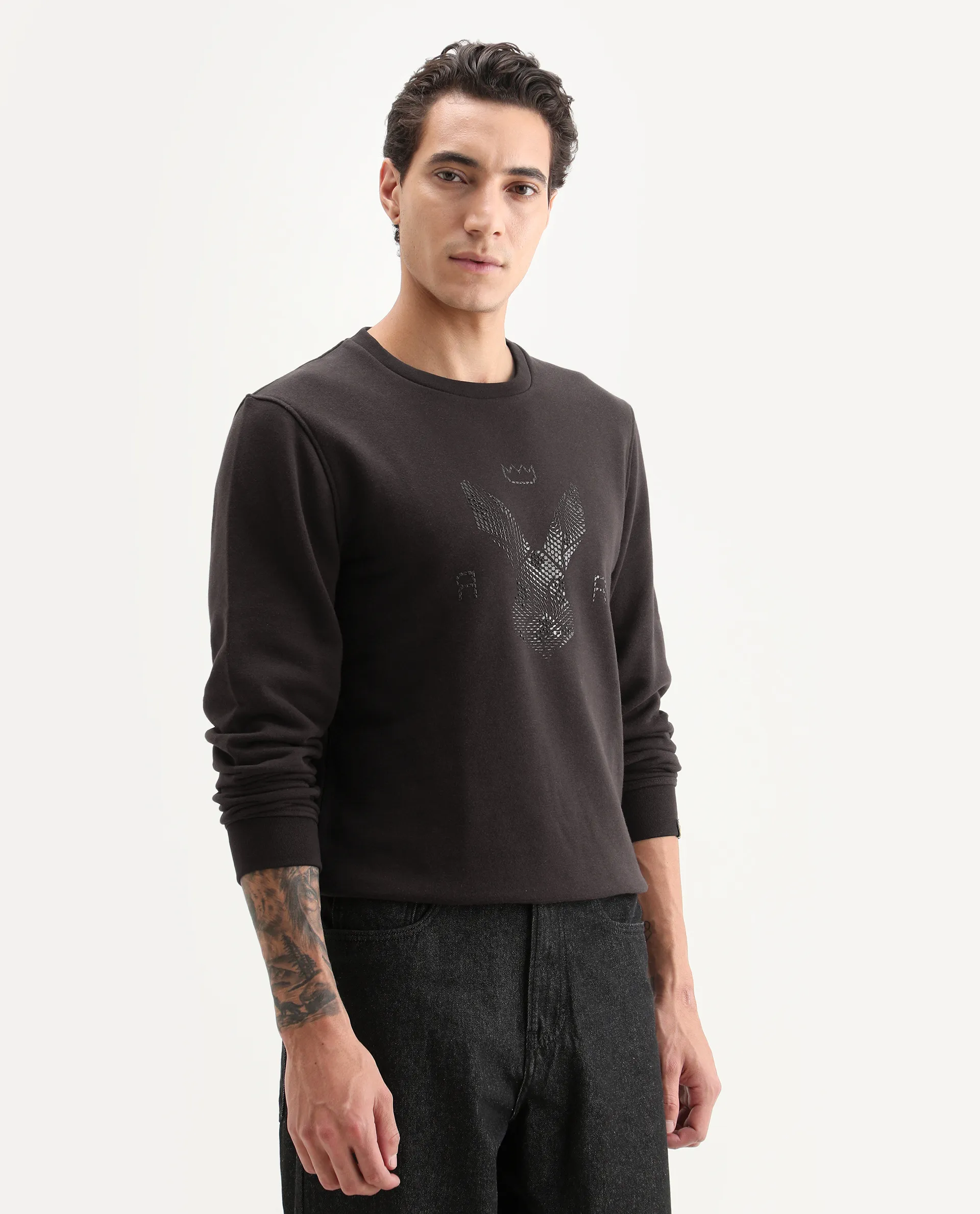 Rare Rabbit Men's Voir Dark Maroon Cotton Graphic Print Regular Fit Full Sleeve Crew Neck Sweatshirt - Image 6