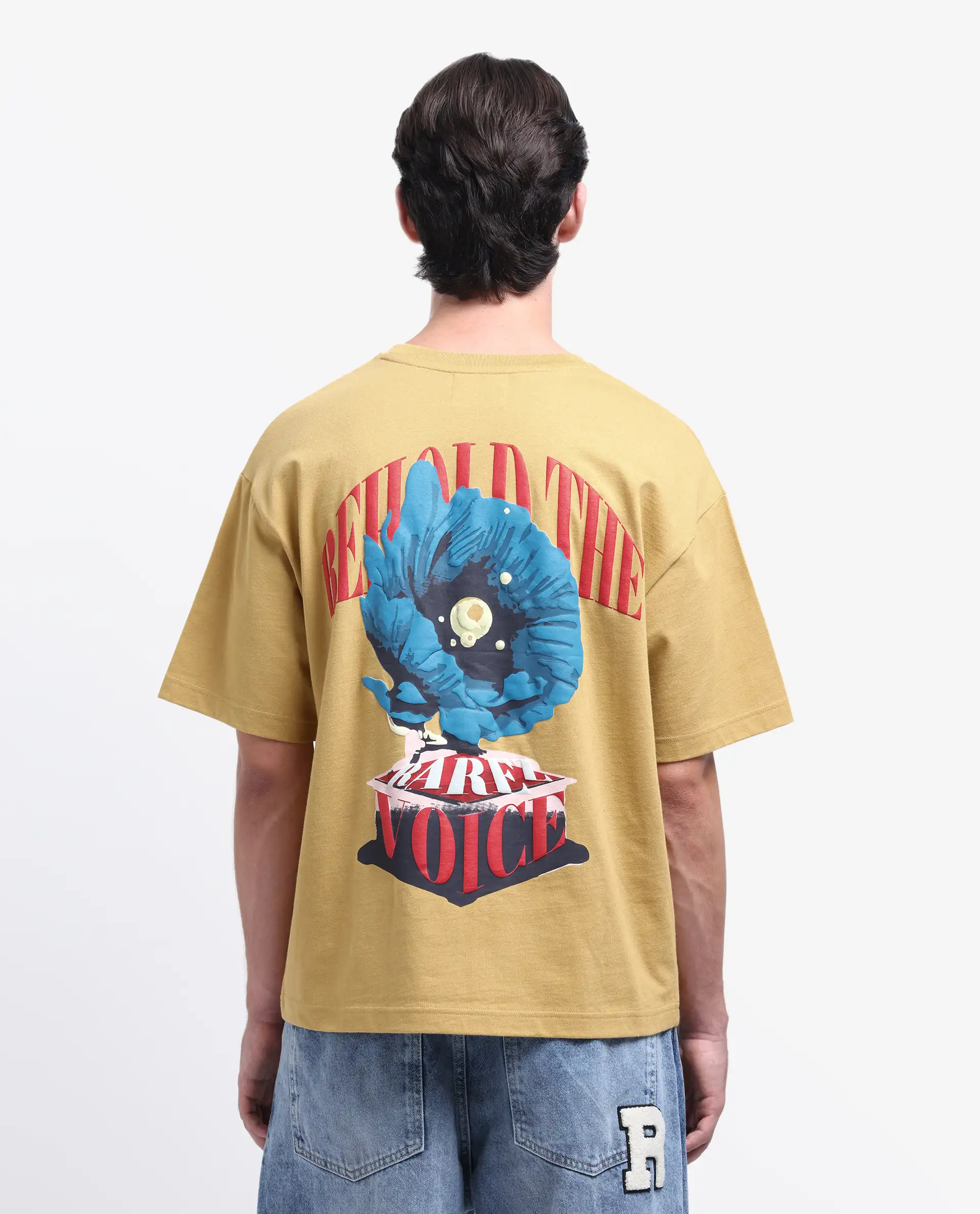Rare Rabbit Men's Voiz Dusky Mustard Cotton Graphic Print Oversized Fit Half Sleeve Crew Neck T-Shirt - Image 2