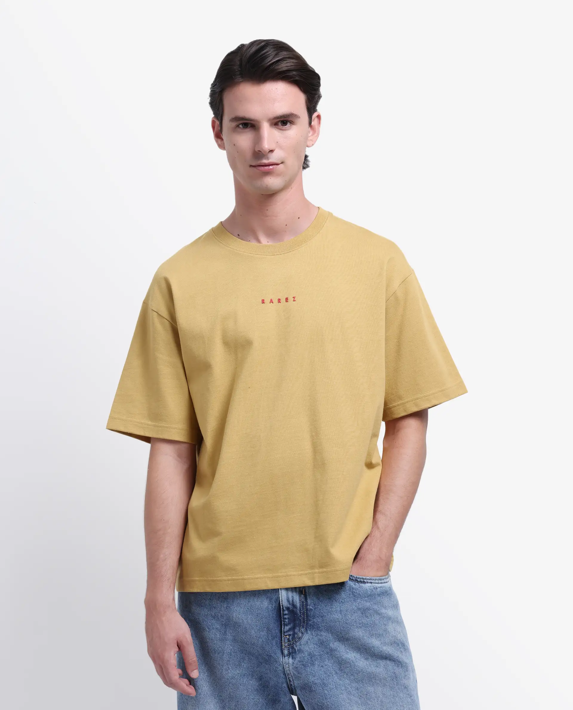 Rare Rabbit Men's Voiz Dusky Mustard Cotton Graphic Print Oversized Fit Half Sleeve Crew Neck T-Shirt - Image 3