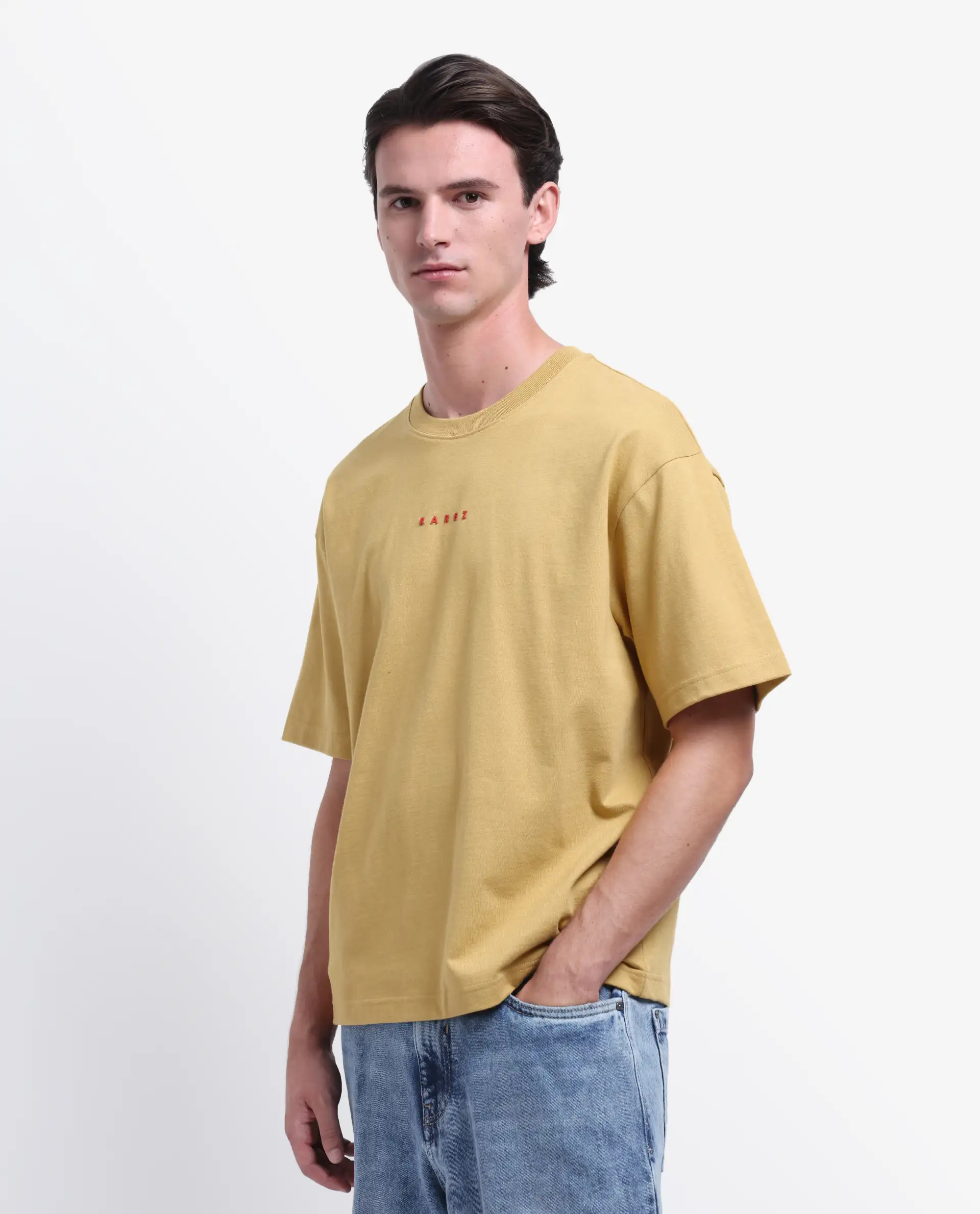 Rare Rabbit Men's Voiz Dusky Mustard Cotton Graphic Print Oversized Fit Half Sleeve Crew Neck T-Shirt - Image 4