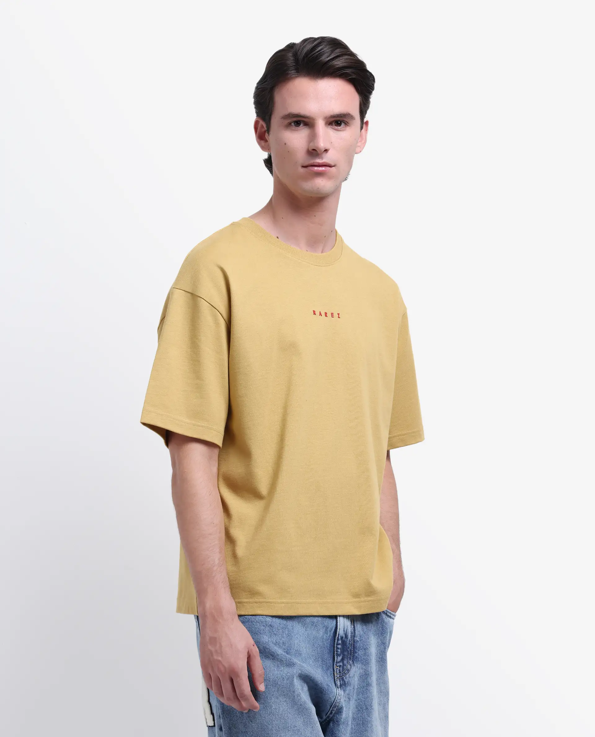 Rare Rabbit Men's Voiz Dusky Mustard Cotton Graphic Print Oversized Fit Half Sleeve Crew Neck T-Shirt - Image 5