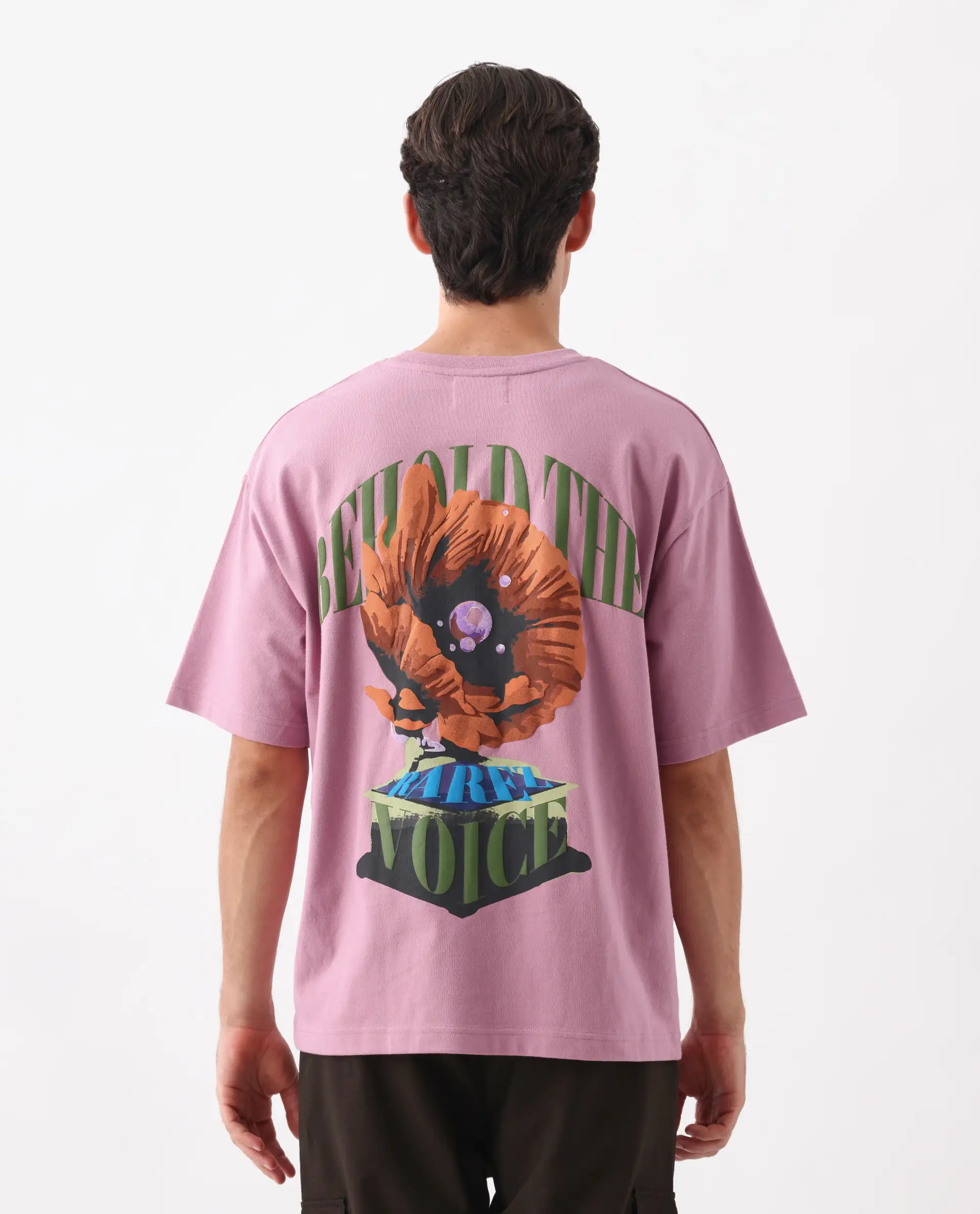Rare Rabbit Men's Voiz Pink Cotton Graphic Print Oversized Fit Half Sleeve Crew Neck T-Shirt - Image 2