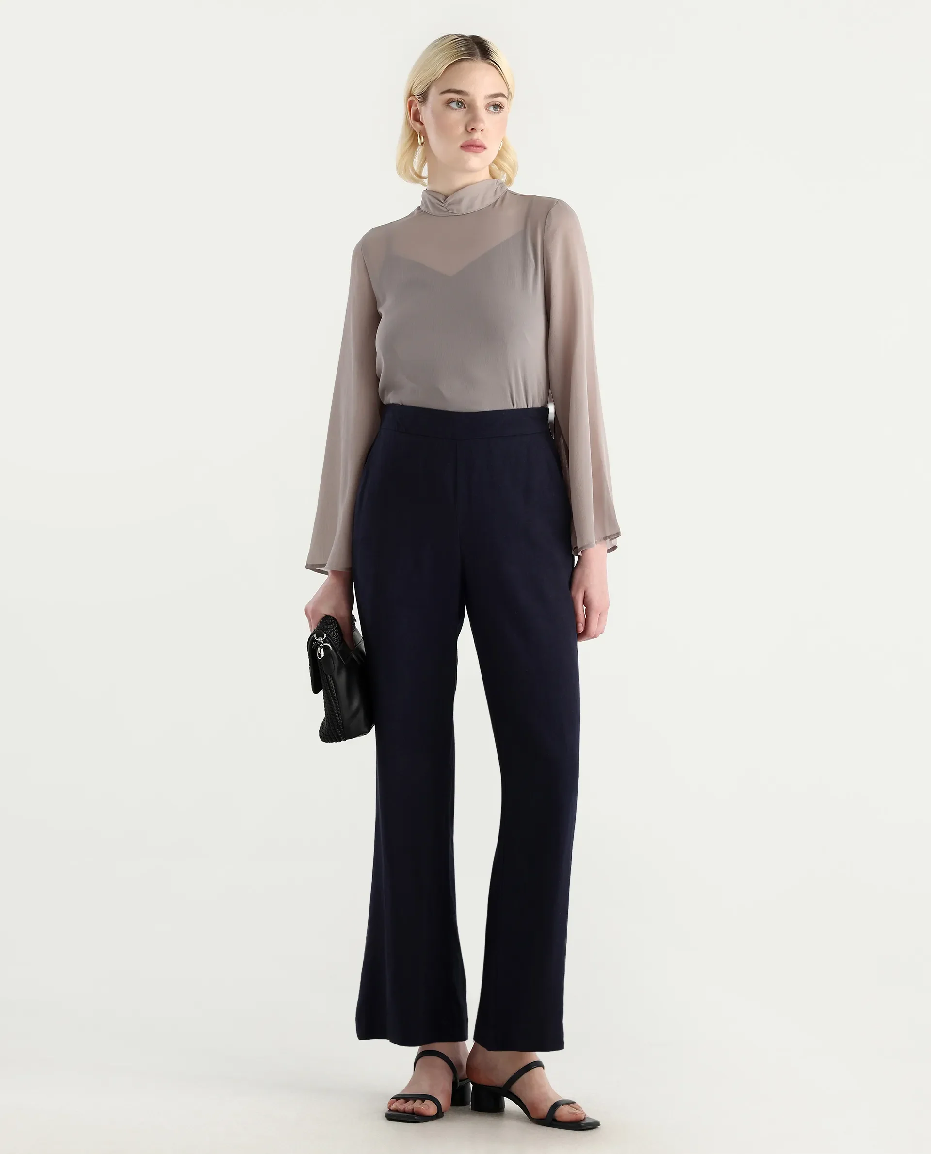 Rareism Women's Vokas Grey Polyester High Neck Plain Bell Sleeve Relaxed Fit Top - Image 2