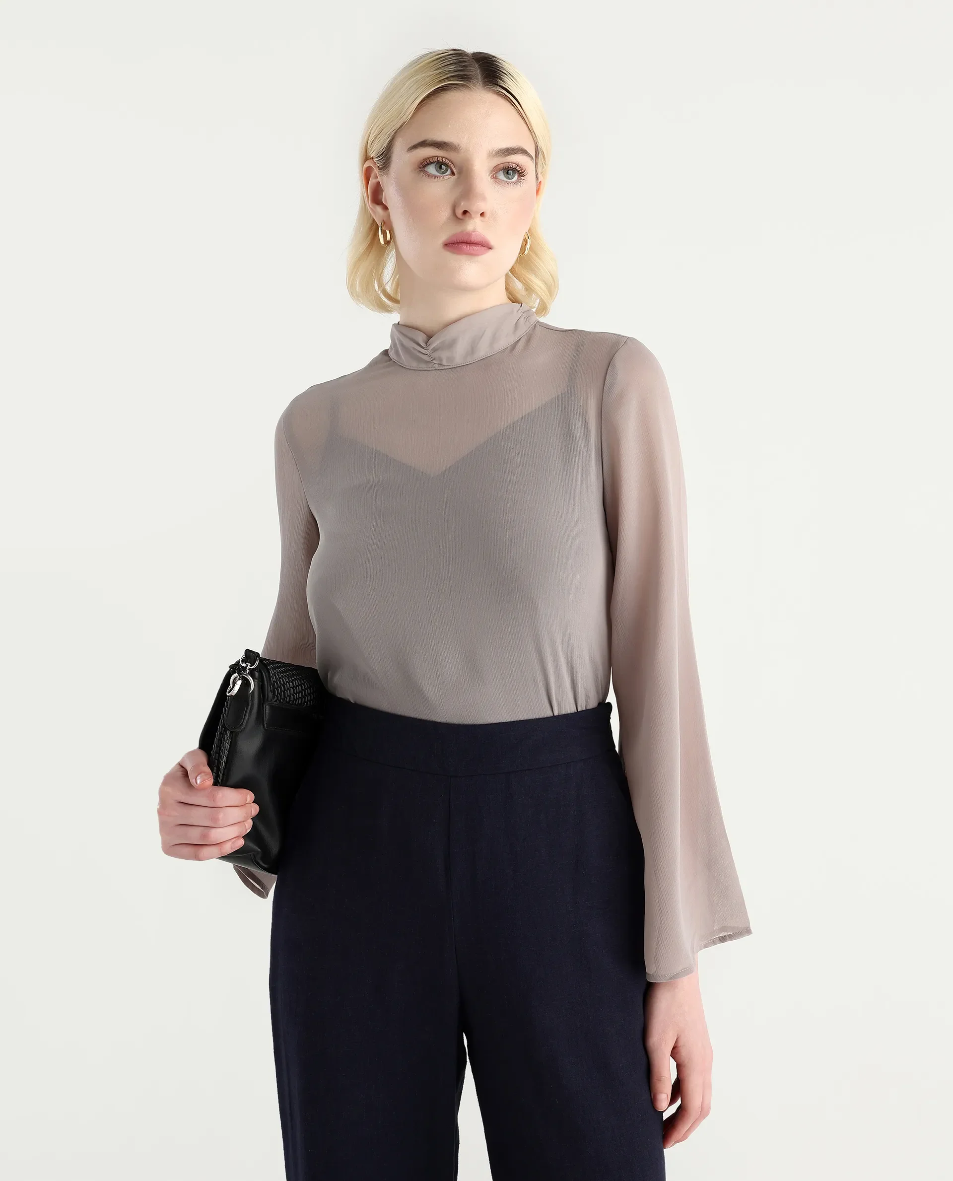 Rareism Women's Vokas Grey Polyester High Neck Plain Bell Sleeve Relaxed Fit Top - Image 3