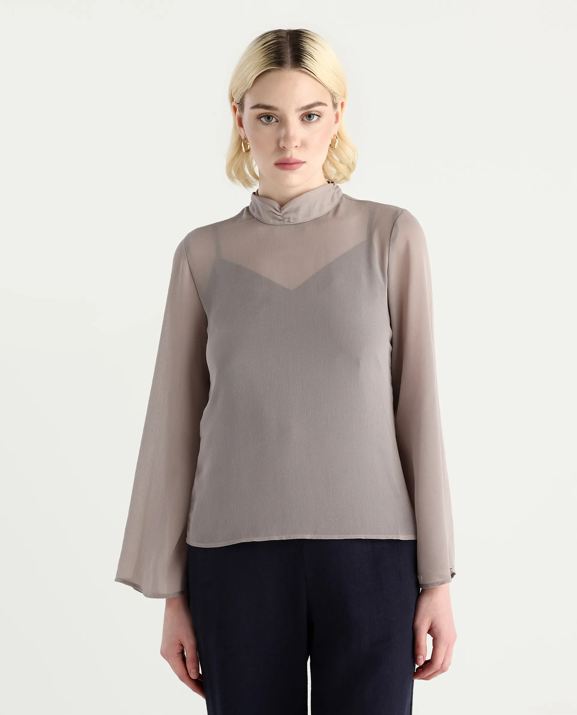 Rareism Women's Vokas Grey Polyester High Neck Plain Bell Sleeve Relaxed Fit Top - Image 4