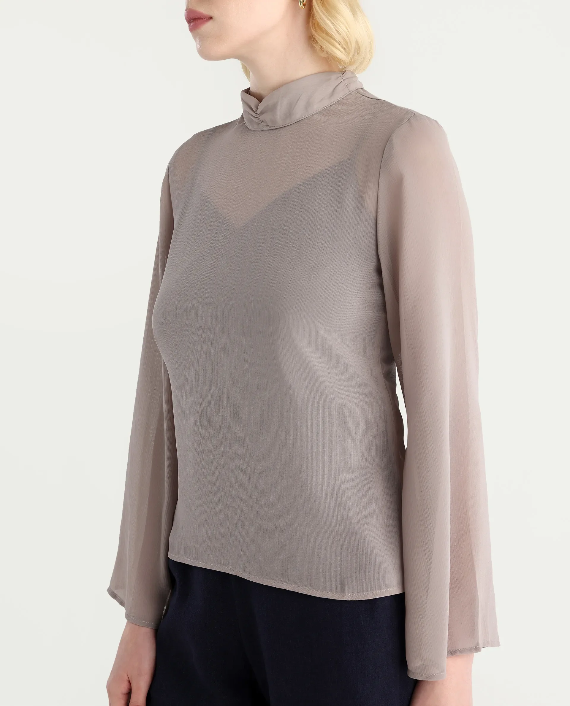 Rareism Women's Vokas Grey Polyester High Neck Plain Bell Sleeve Relaxed Fit Top - Image 5