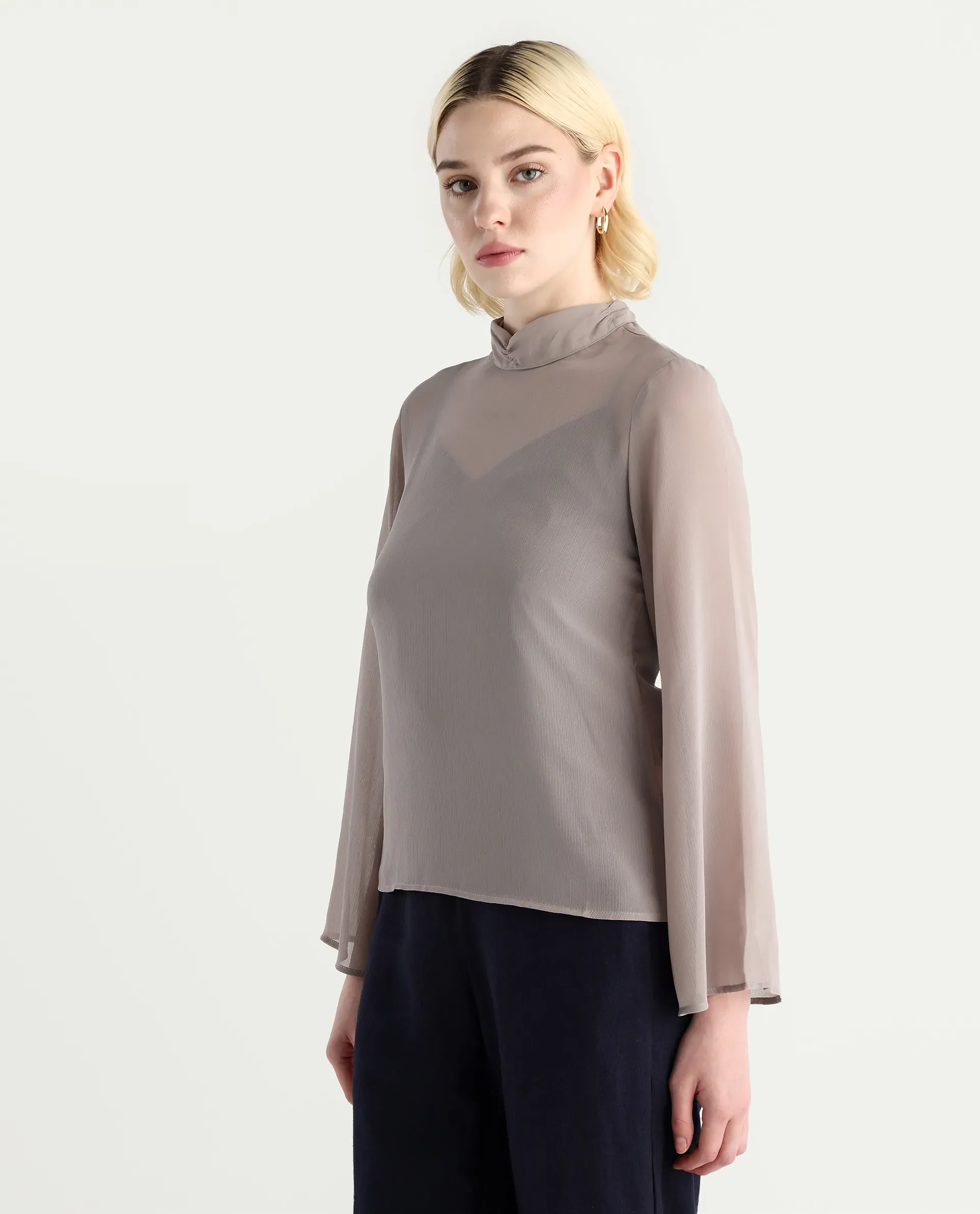 Rareism Women's Vokas Grey Polyester High Neck Plain Bell Sleeve Relaxed Fit Top - Image 6