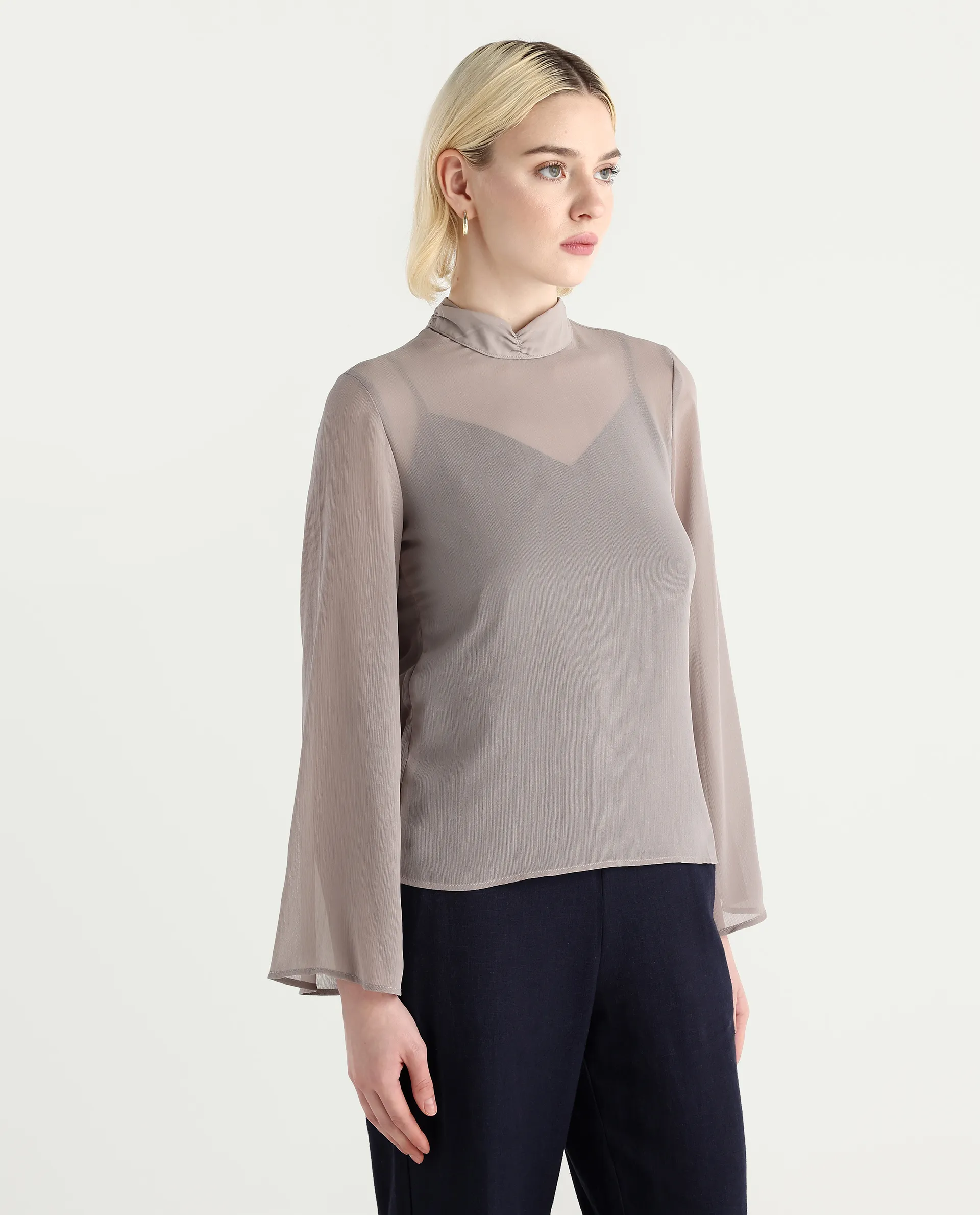 Rareism Women's Vokas Grey Polyester High Neck Plain Bell Sleeve Relaxed Fit Top - Image 7