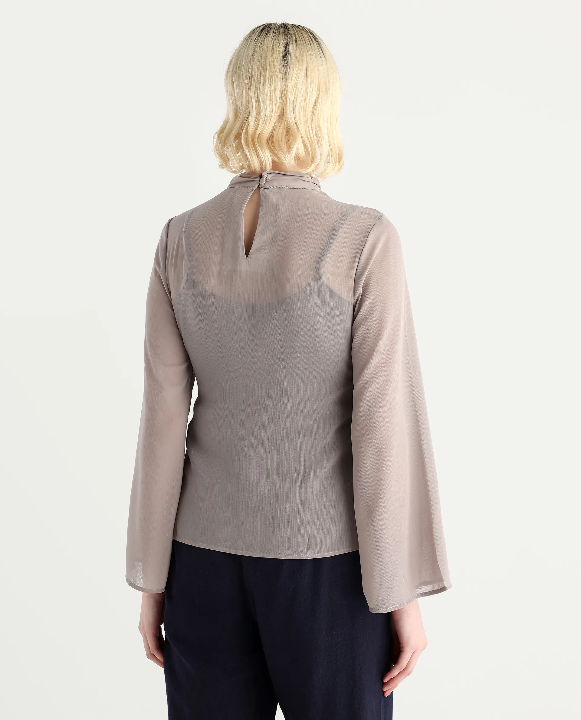 Rareism Women's Vokas Grey Polyester High Neck Plain Bell Sleeve Relaxed Fit Top - Image 8