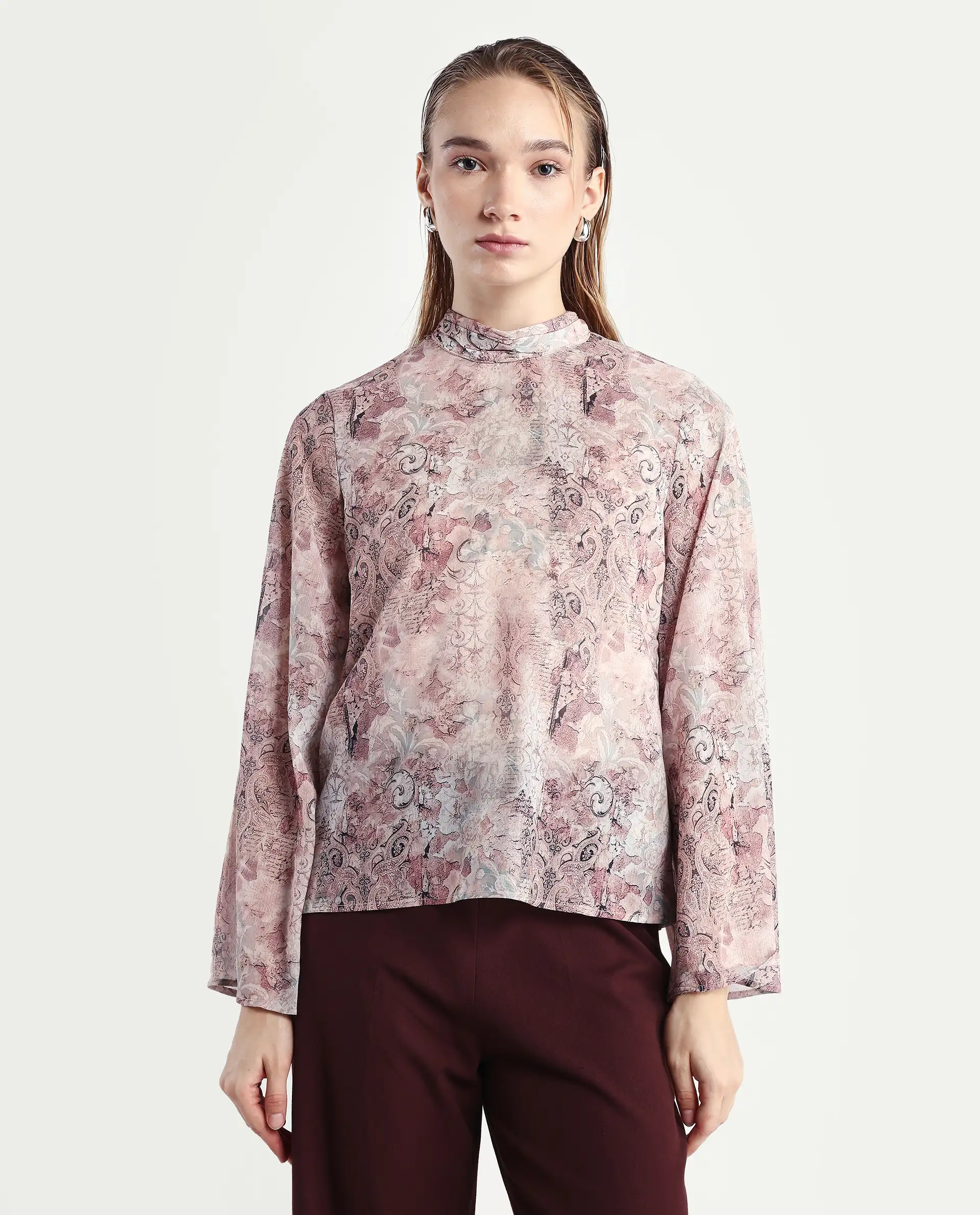 Rareism Women's Vokasna Multi Polyester High Neck Paisley Print Bell Sleeve Relaxed Fit Top - Image 4