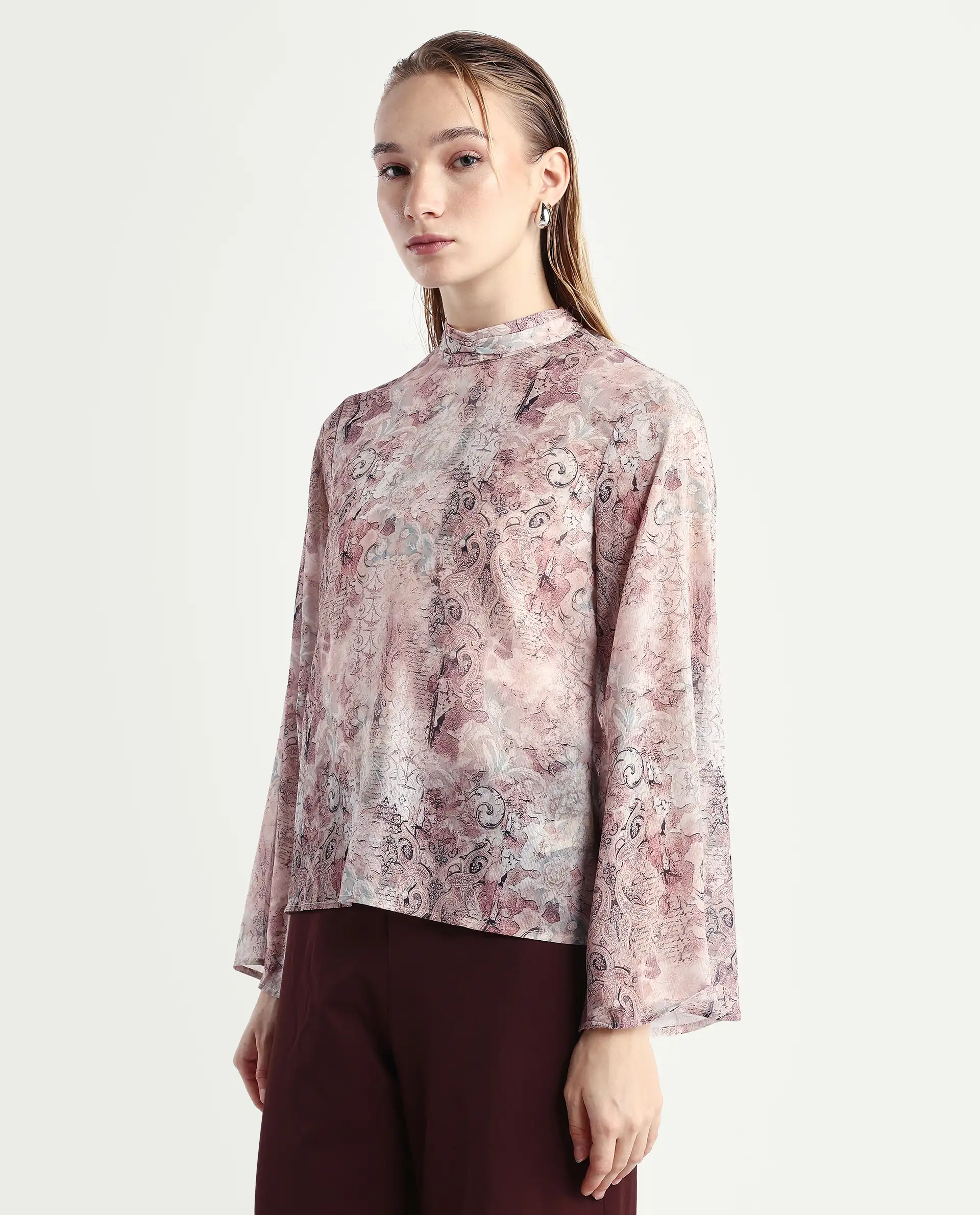 Rareism Women's Vokasna Multi Polyester High Neck Paisley Print Bell Sleeve Relaxed Fit Top - Image 6