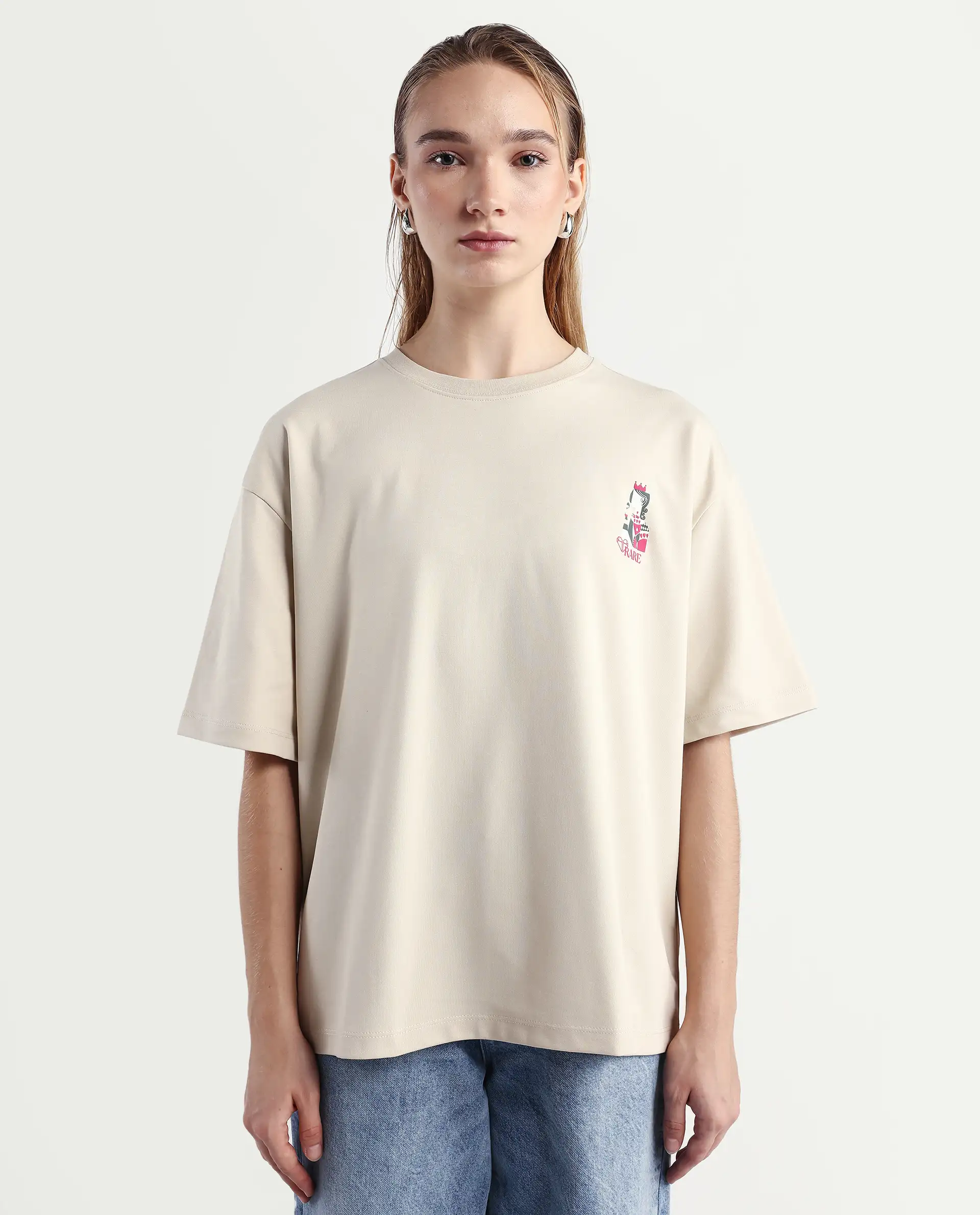 Rareism Women's Voke Beige Cotton Blend Crew Neck Graphic Print Oversized T-Shirt - Image 3
