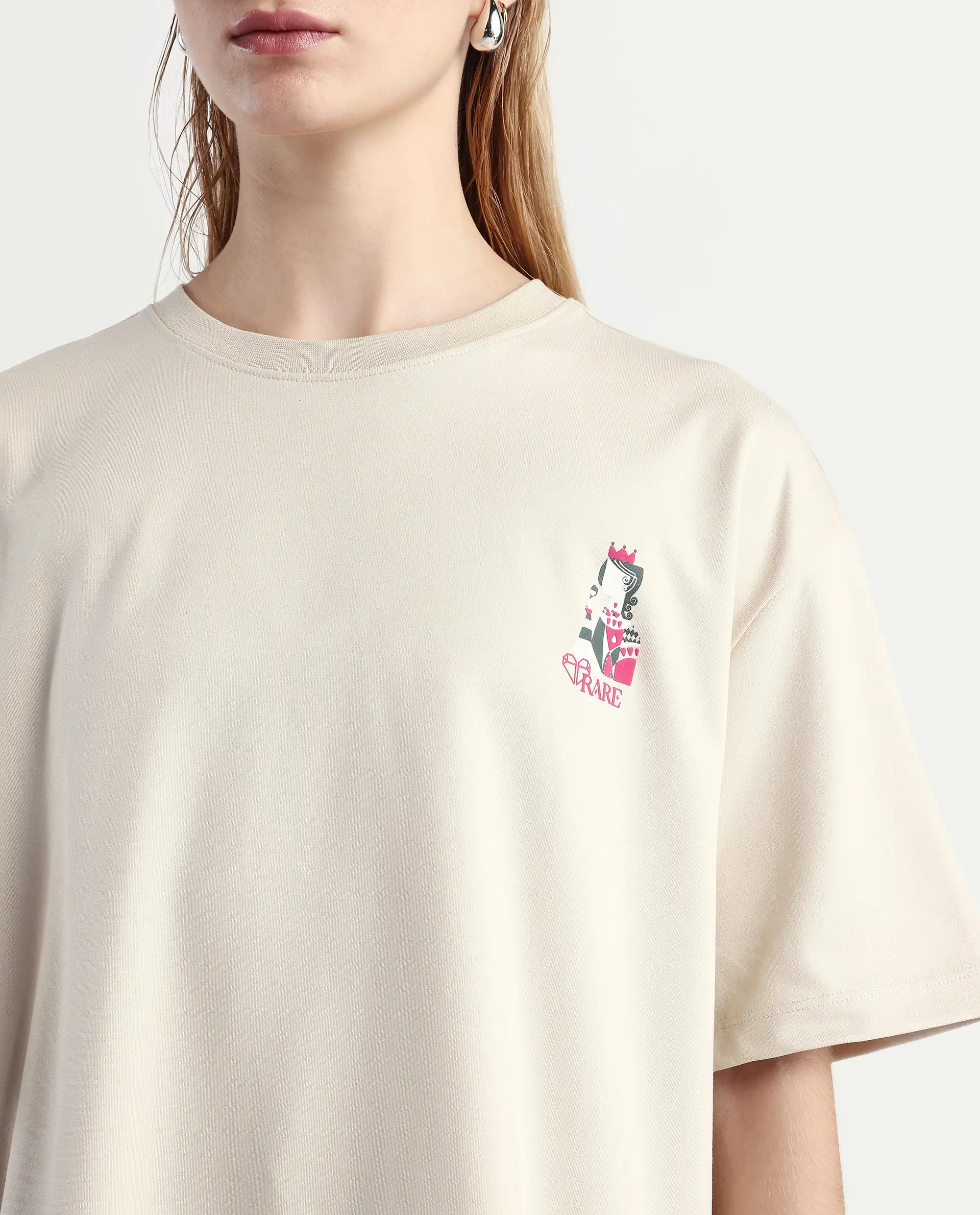 Rareism Women's Voke Beige Cotton Blend Crew Neck Graphic Print Oversized T-Shirt - Image 4